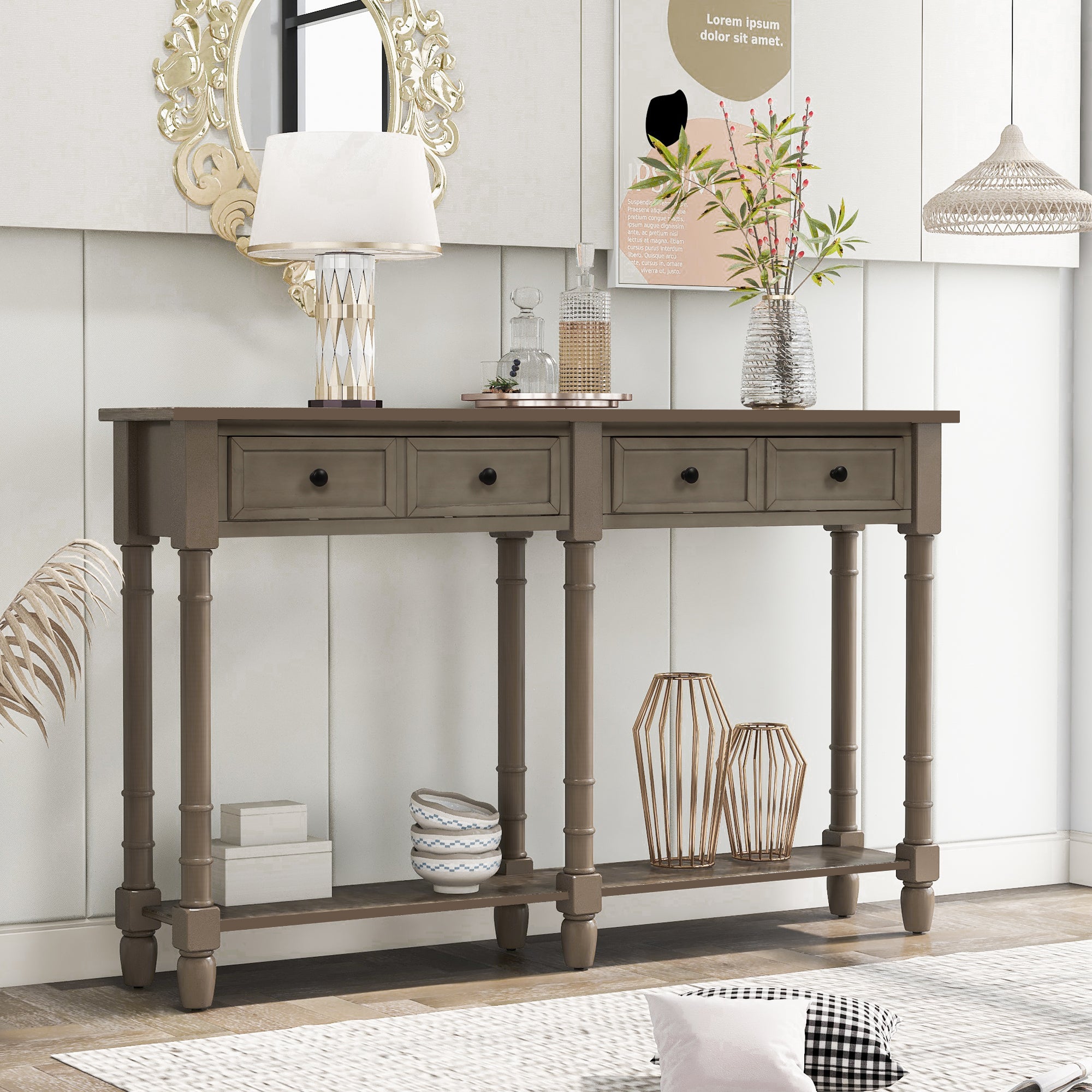 [variant:N852P245591E] Console Table with 2 Drawers & Bottom Shelf – Gray Wash image 1