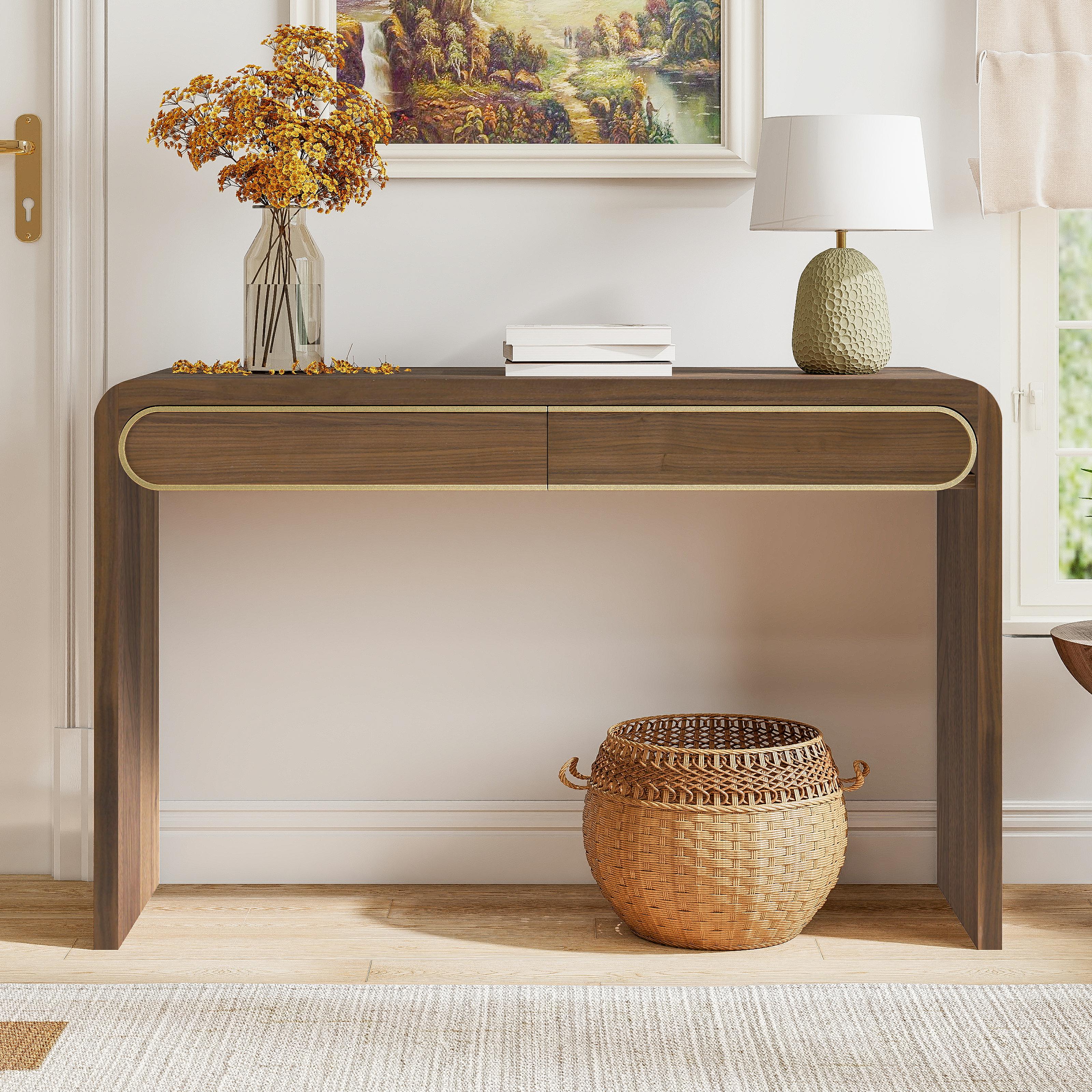 [variant:N876P351921D] Narrow Wood Console Table with 2 Drawers – Walnut image 1