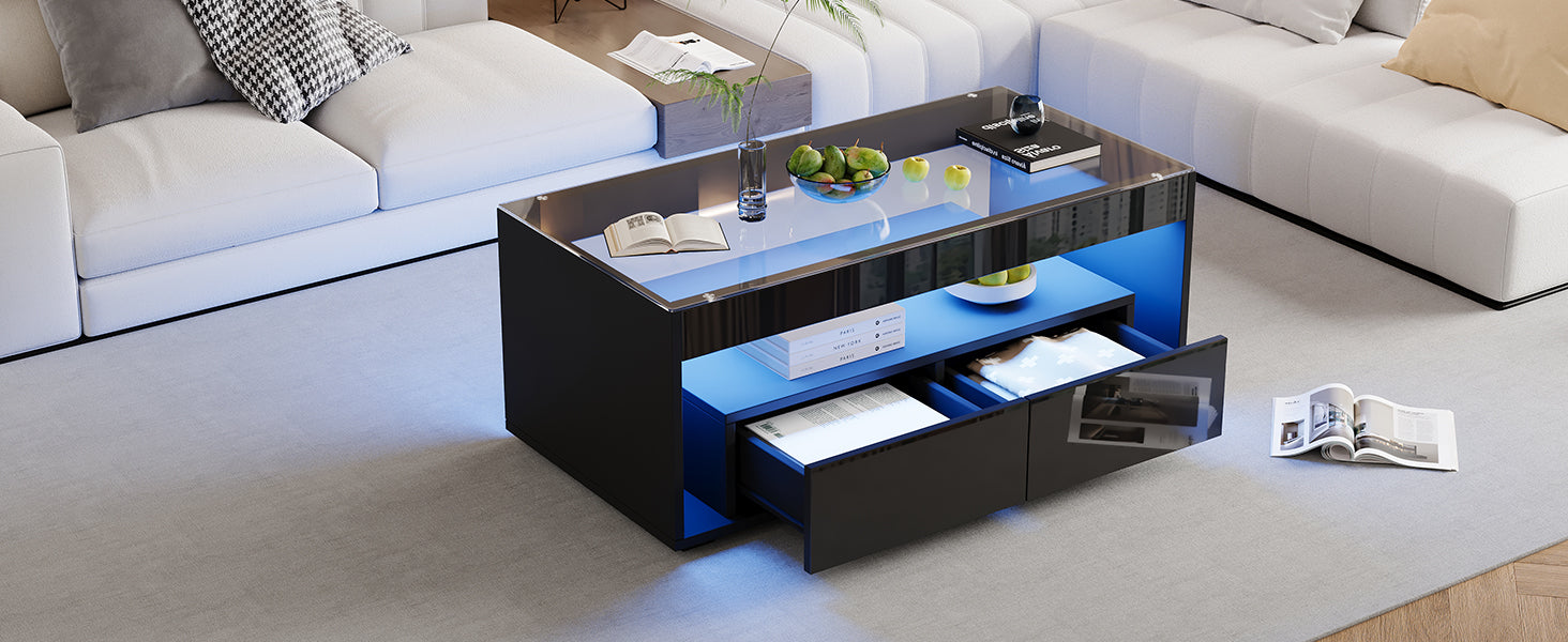 [variant:N892P428787B] High-Gloss LED Coffee Table with Glass Top and Drawers image 21