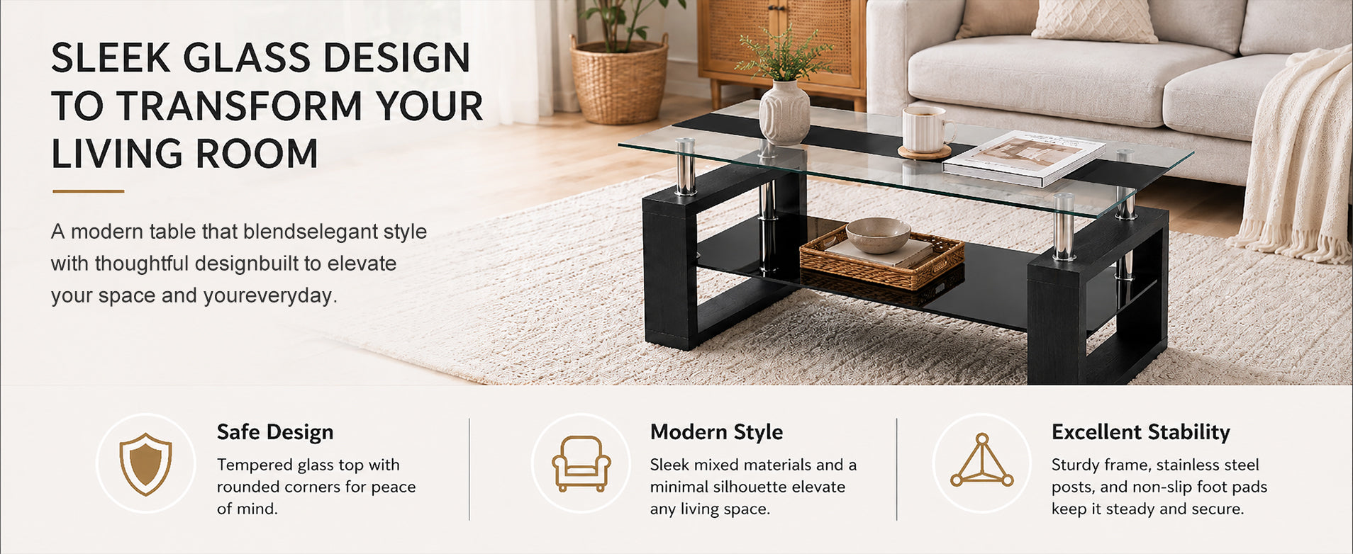 2-Tier Rectangular Tempered Glass Coffee Table — [variant:W3738P499155] Black image 11