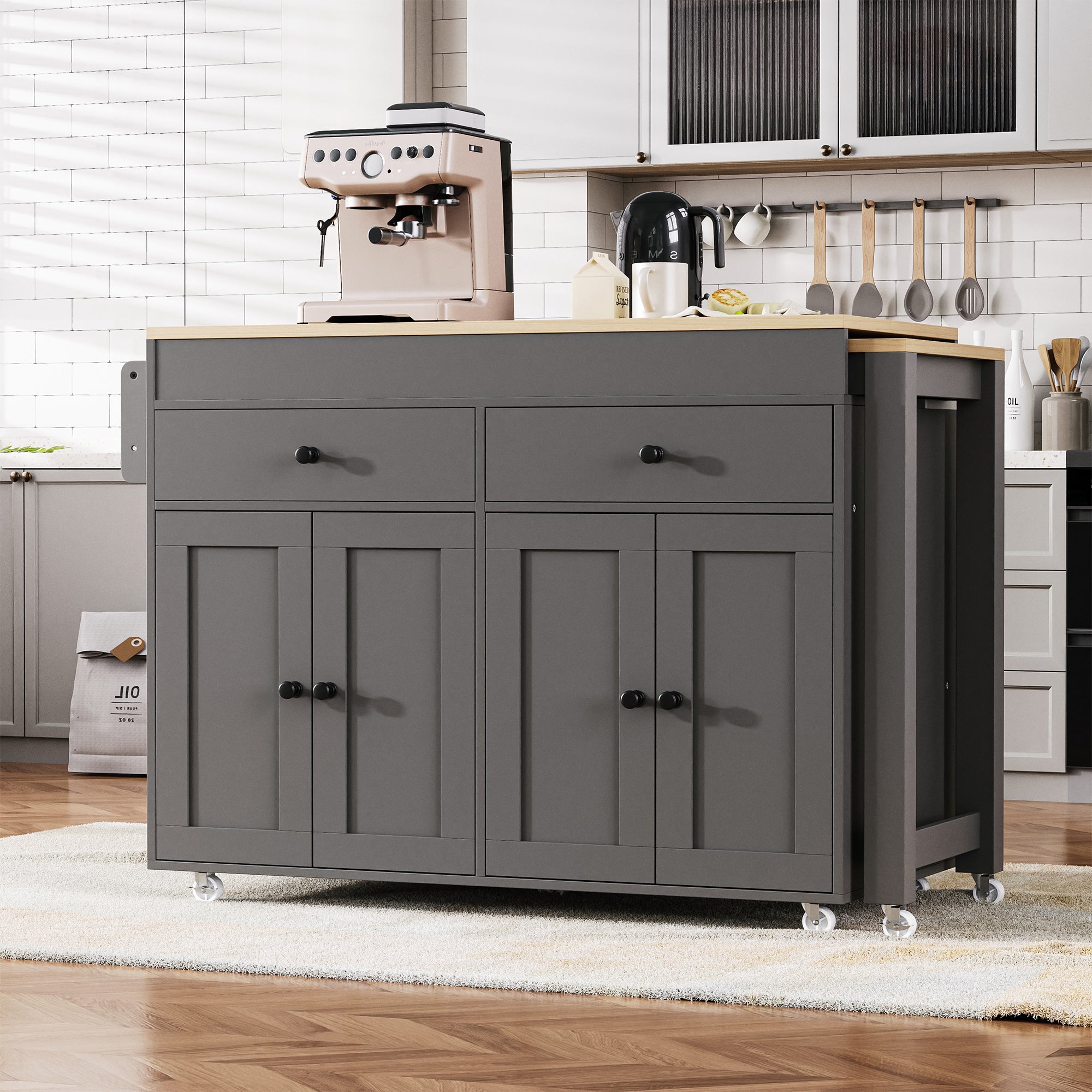 [variant:N853P386264G] Extendable Rolling Kitchen Island with Dining Table – Gray, 74.5-Inch image 19