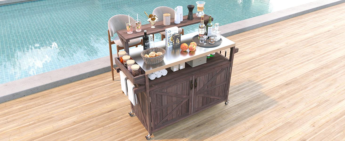 [variant:N853P386135Z] Outdoor Grill Cart with Raised Shelf – Dark Brown, 53.3-Inch image 3