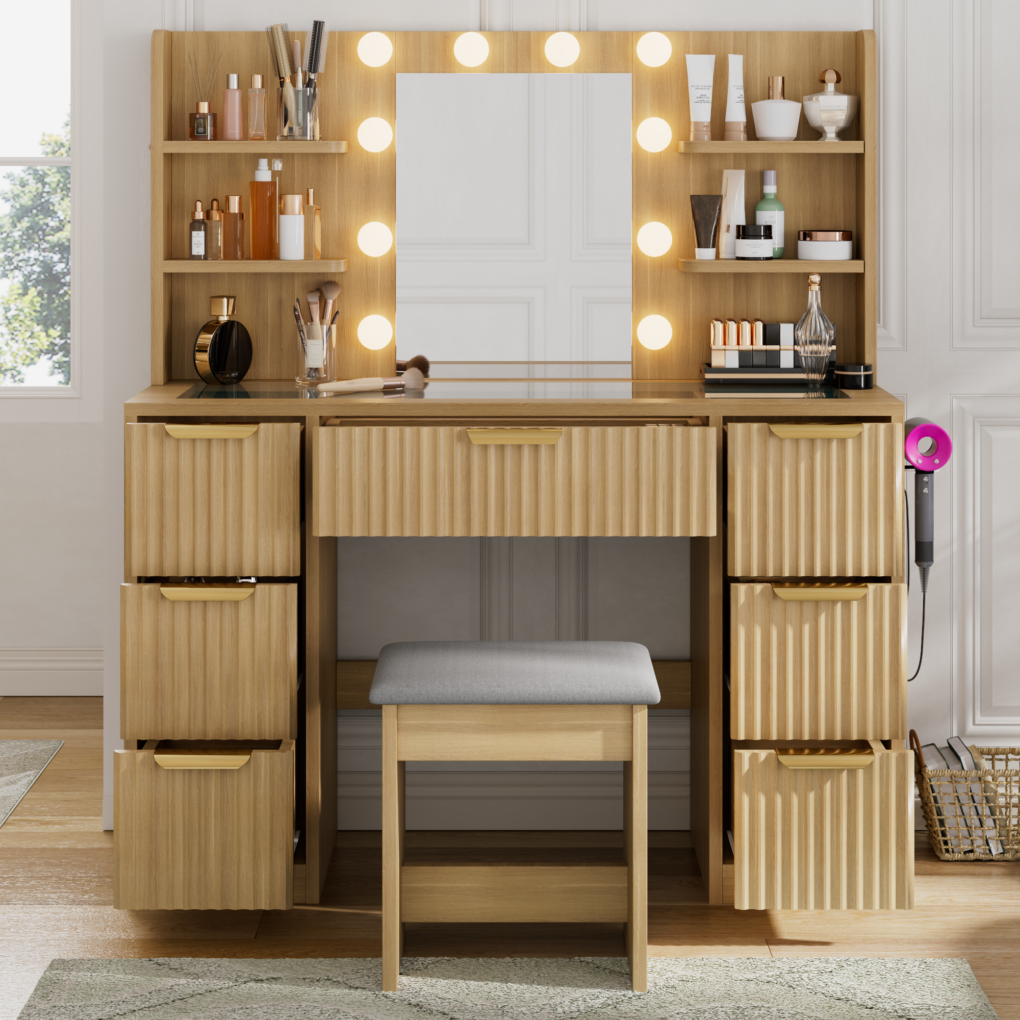 [variant:N881S436333N] Fluted 7-Drawer Vanity Desk with LED Mirror and Stool image 12