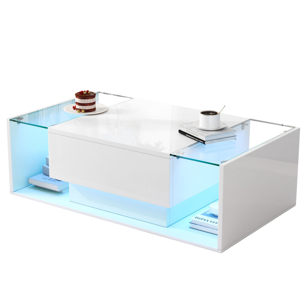[variant:N892P423295W] High-Gloss LED Coffee Table with Drawer and Glass Top image 37