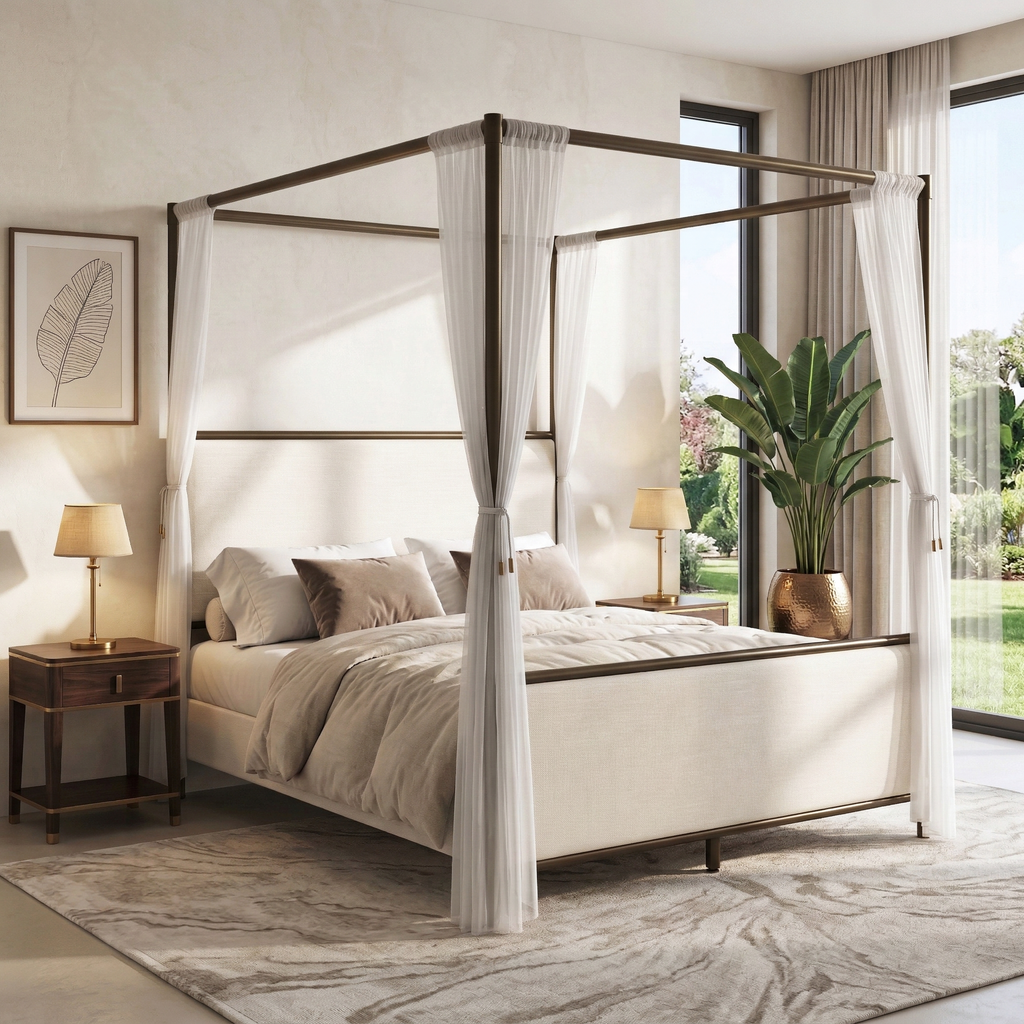 [variant:N859Q000022I] Queen Linen Upholstered Canopy Bed – Beige & Bronze image 2