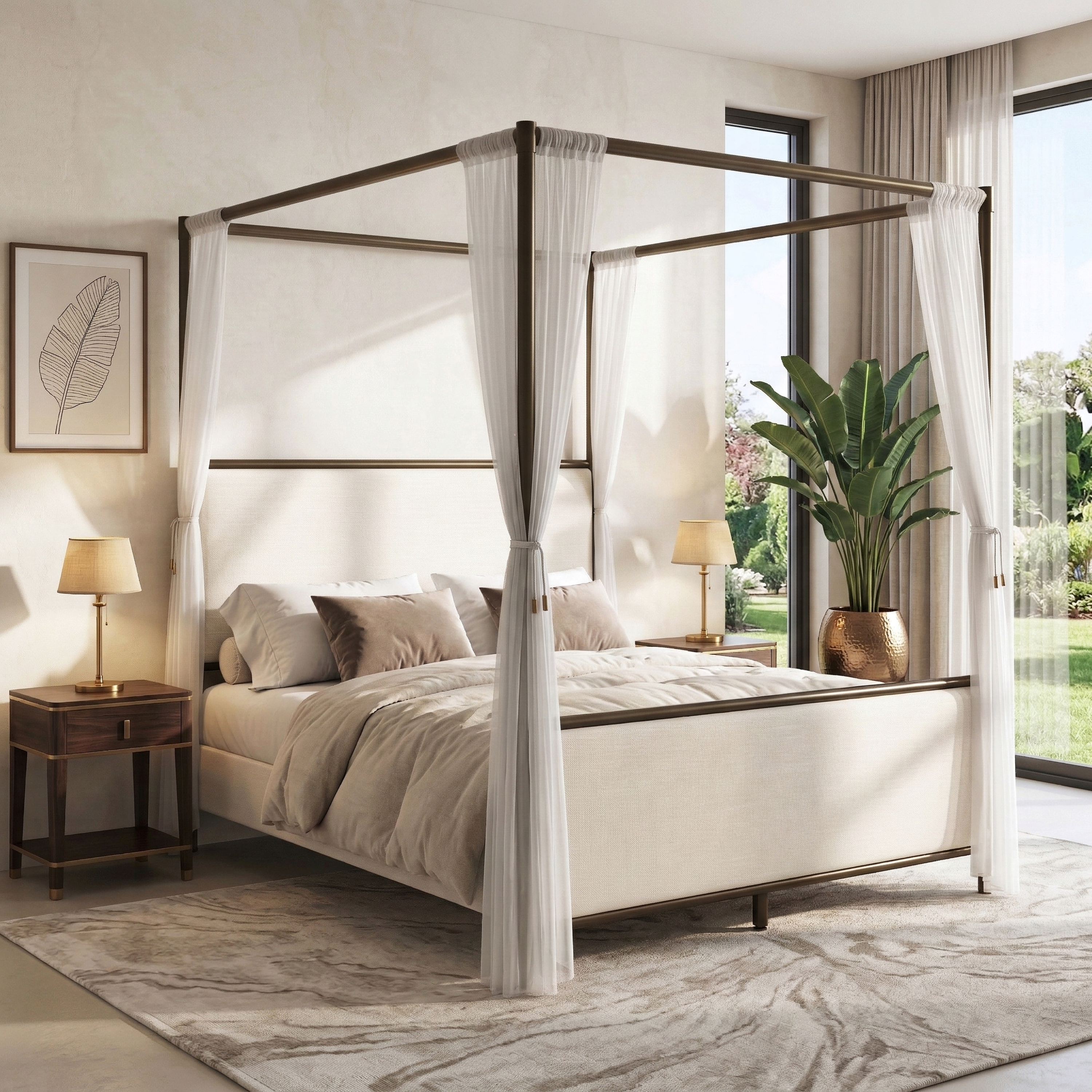 [variant:N859Q000022I] Queen Linen Upholstered Canopy Bed – Beige & Bronze image 2