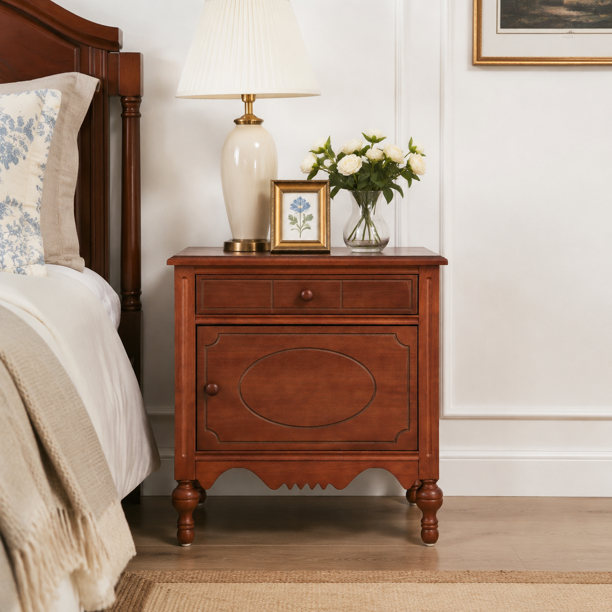 [variant:N856P406700N] Vintage Carved Nightstand with Drawer and Cabinet – Brown image 1