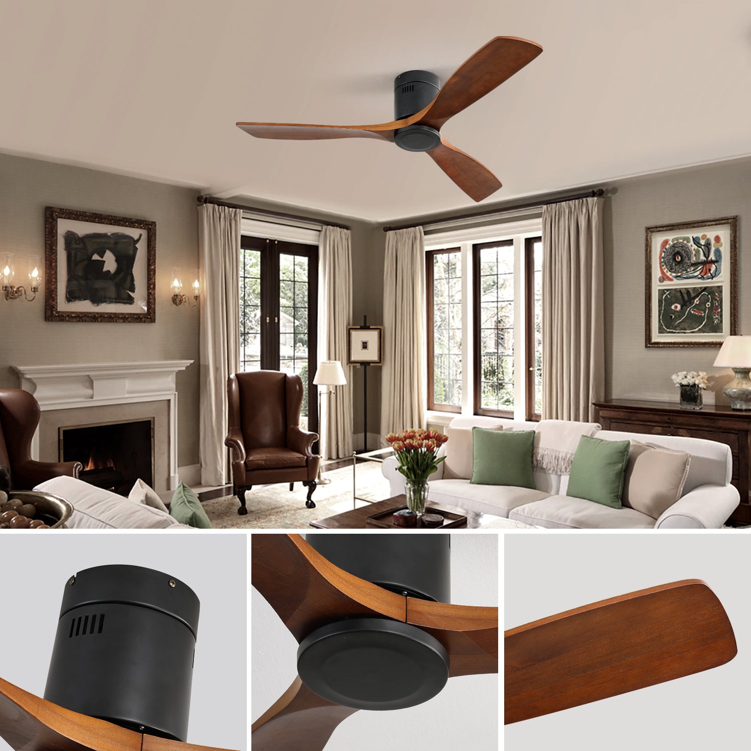 [variant:W5691P514531] Matte Black Solid Wood Ceiling Fan without Light – 52-Inch image 6