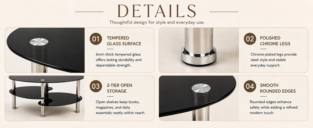 2-Tier Oval Tempered Glass Coffee Table — [variant:W3738P499153] Black image 9