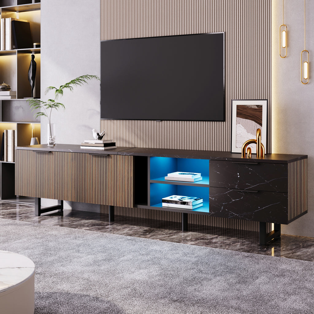 [variant:GA0010N] LED TV Stand with 2 Doors and 2 Drawers – Black Marble and Wood Grain image 9