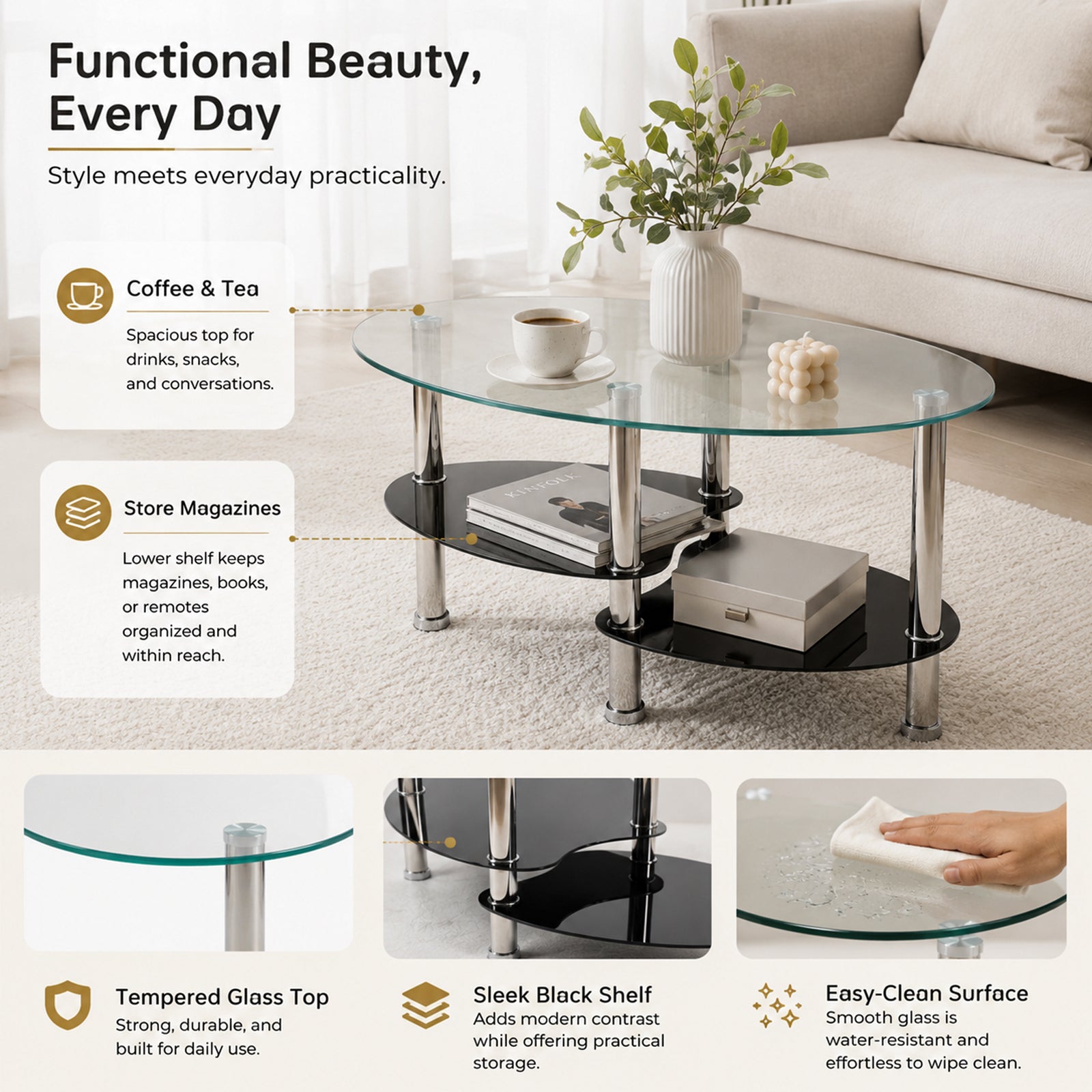 2-Tier Oval Tempered Glass Coffee Table — [variant:W3738P499151] Black,Transparent image 4
