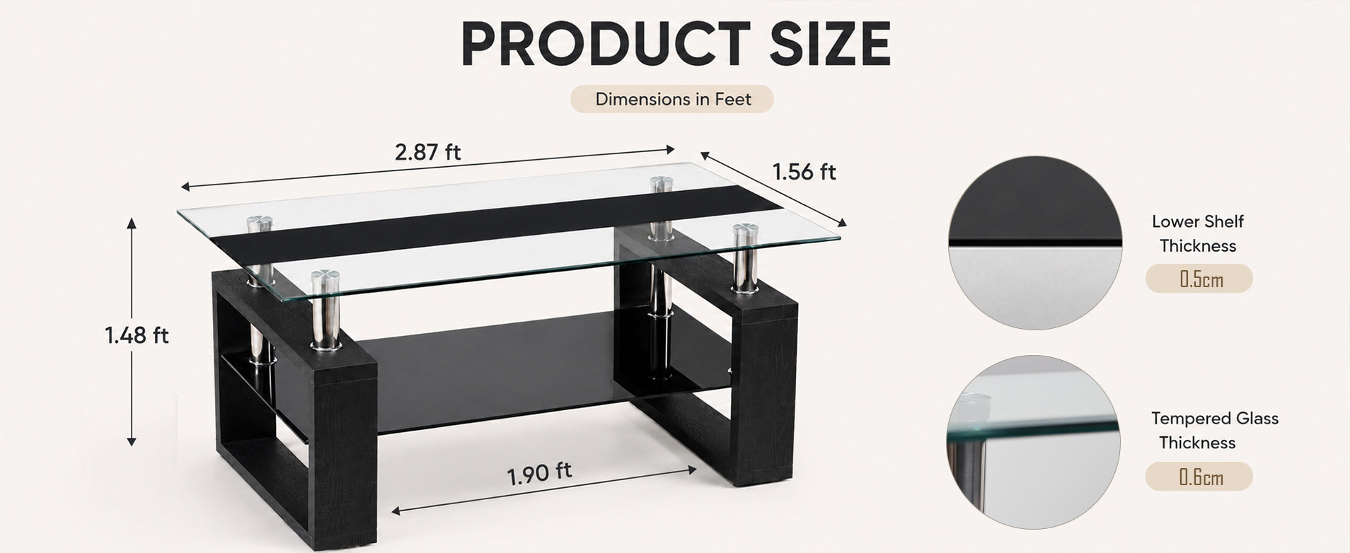 2-Tier Rectangular Tempered Glass Coffee Table — [variant:W3738P499155] Black image 13