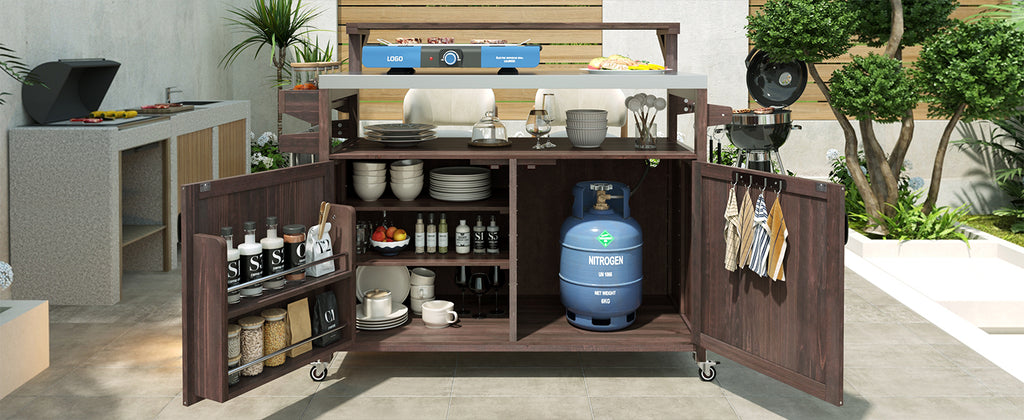 [variant:N853P386135Z] Outdoor Grill Cart with Raised Shelf – Dark Brown, 53.3-Inch image 2