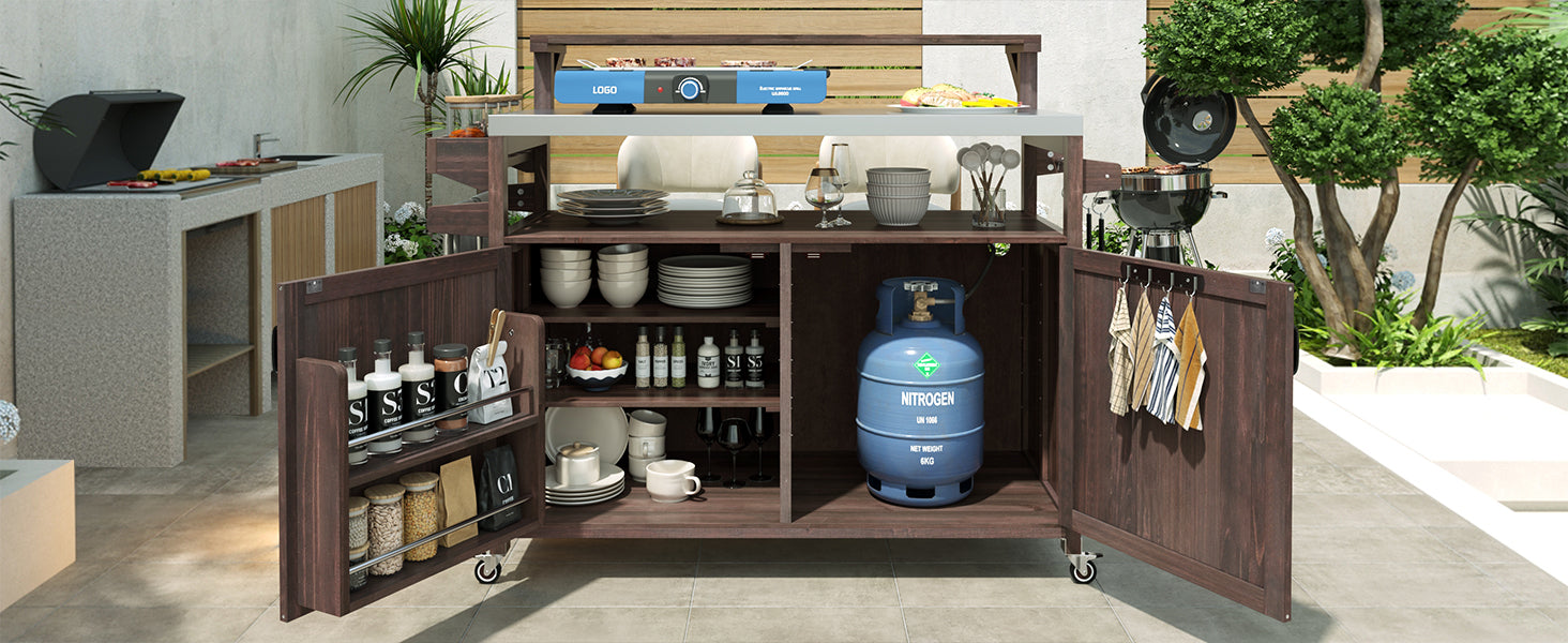 [variant:N853P386135Z] Outdoor Grill Cart with Raised Shelf – Dark Brown, 53.3-Inch image 2