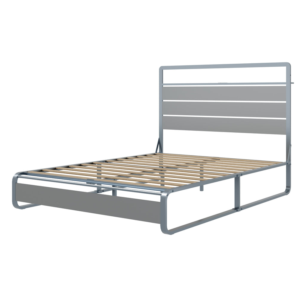 [variant:W5658P487004] Queen Metal Platform Bed with LED Lights & Charging Station – Silver image 12