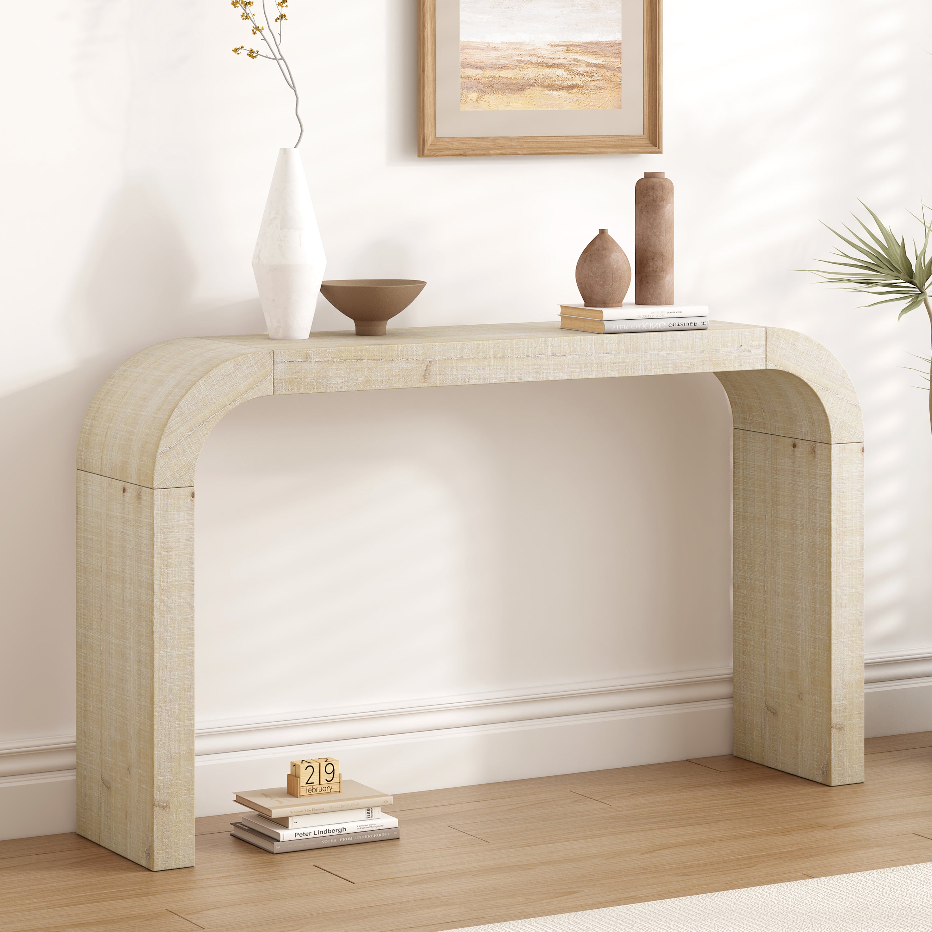 Curved-Edge Pine Veneer Console Table – 52-Inch — [variant:N851P415011N] Natural image 2