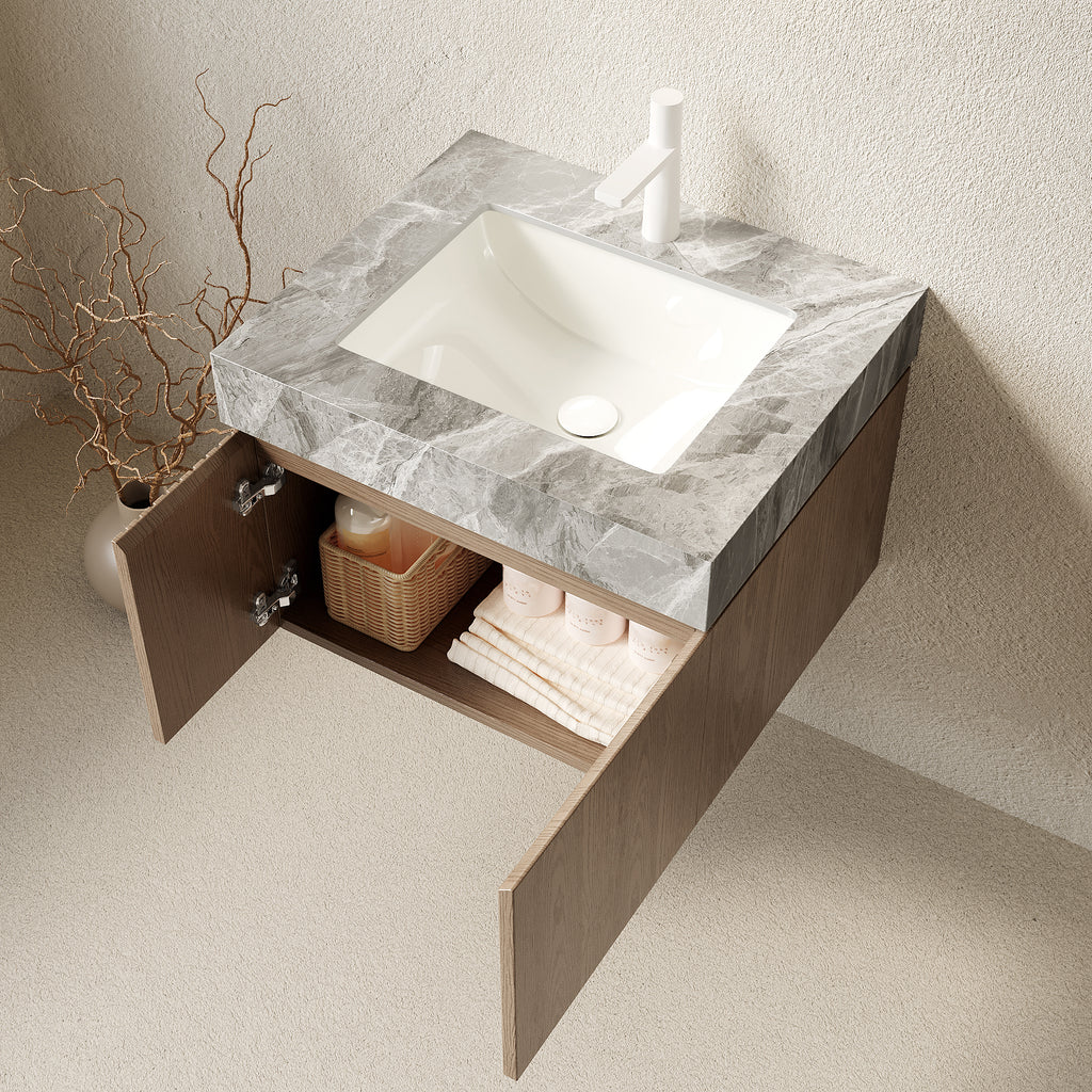 Wall-Mounted Bathroom Vanity with Sintered Stone Top – 24-Inch, 1-Hole — [variant:W6063S00044] Light Brown,Light Gray image 4
