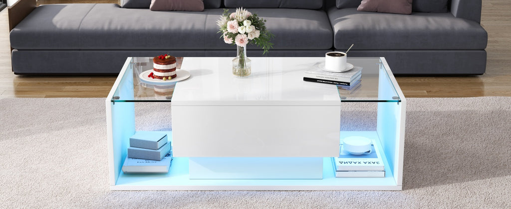 [variant:N892P423295W] High-Gloss LED Coffee Table with Drawer and Glass Top image 21