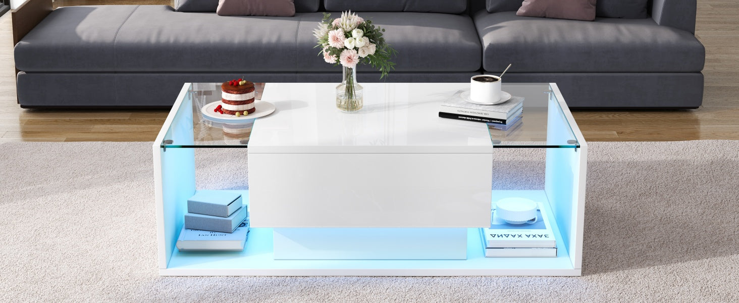 [variant:N892P423295W] High-Gloss LED Coffee Table with Drawer and Glass Top image 21