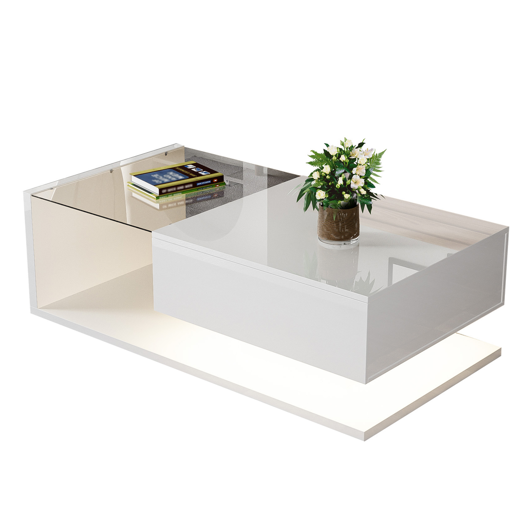[variant:N875P283197W] High-Gloss Coffee Table with Glass Top and LED Lighting – White image 1