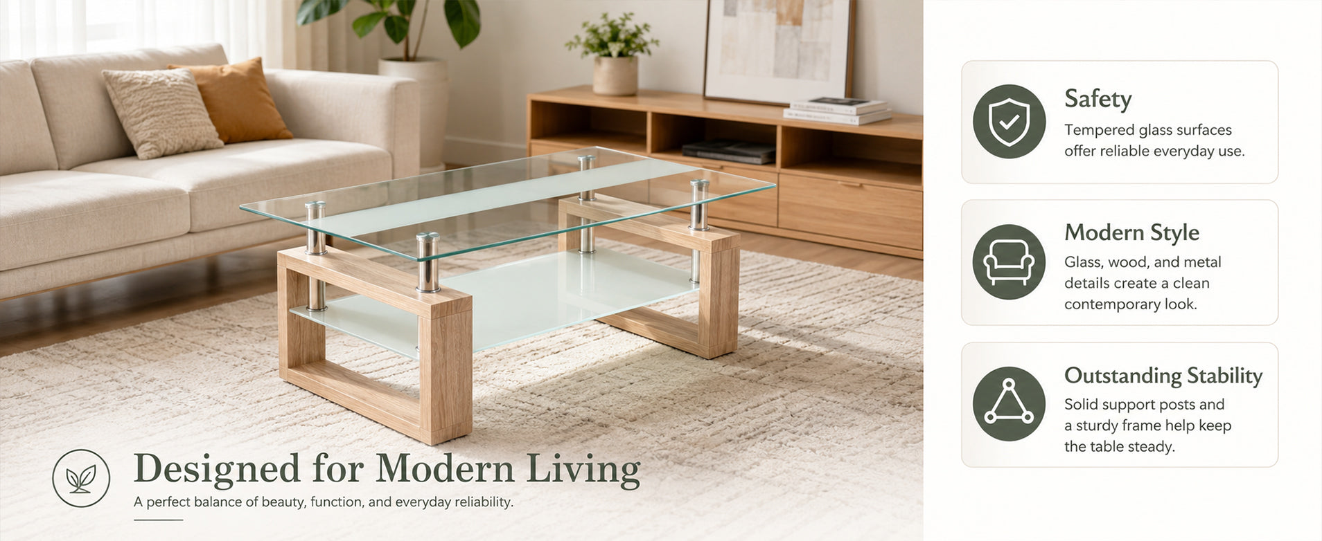 2-Tier Rectangular Tempered Glass Coffee Table — [variant:W3738P499156] Natural,Transparent image 12