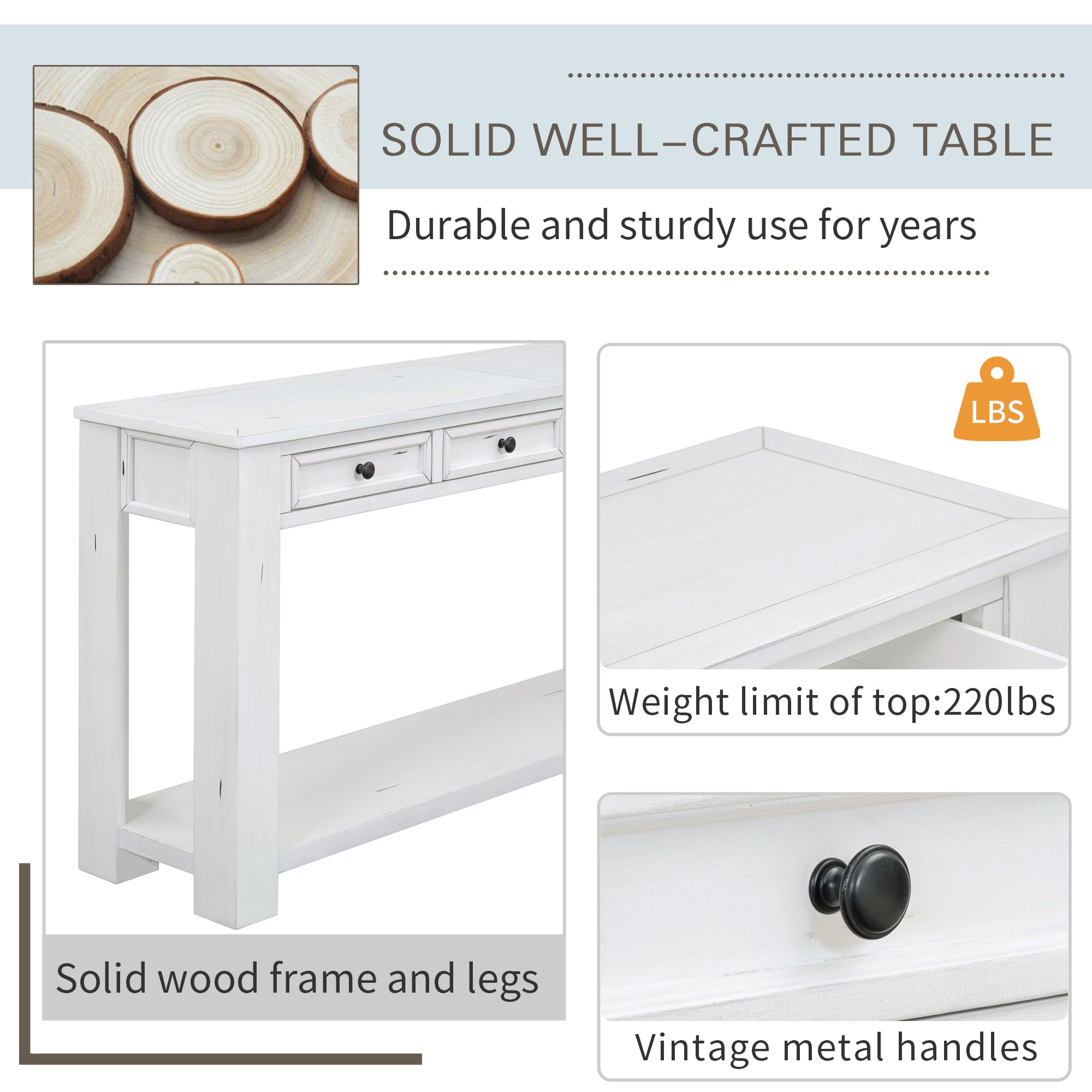 [variant:N852P245606K] Console Table with Drawers & Bottom Shelf – Antique White image 11