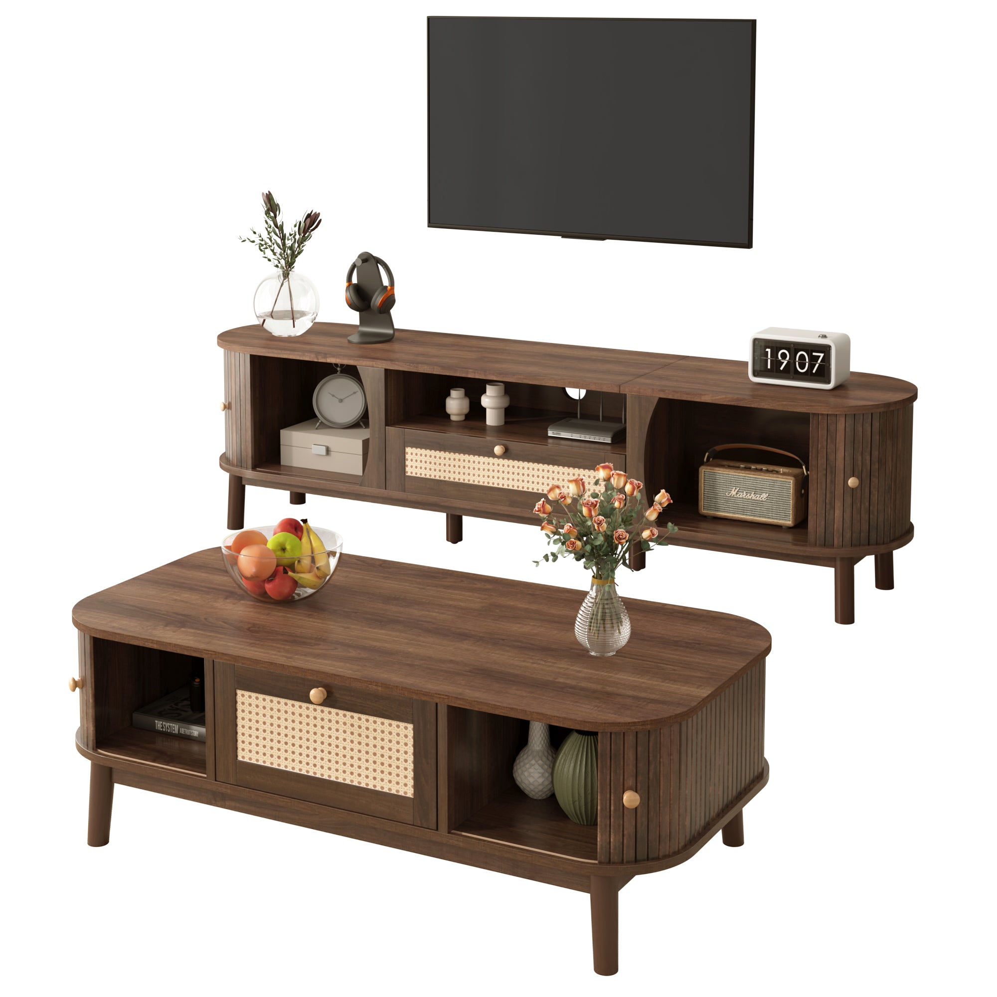 [variant:GA725398N] Walnut TV Stand and Coffee Table Set image 5