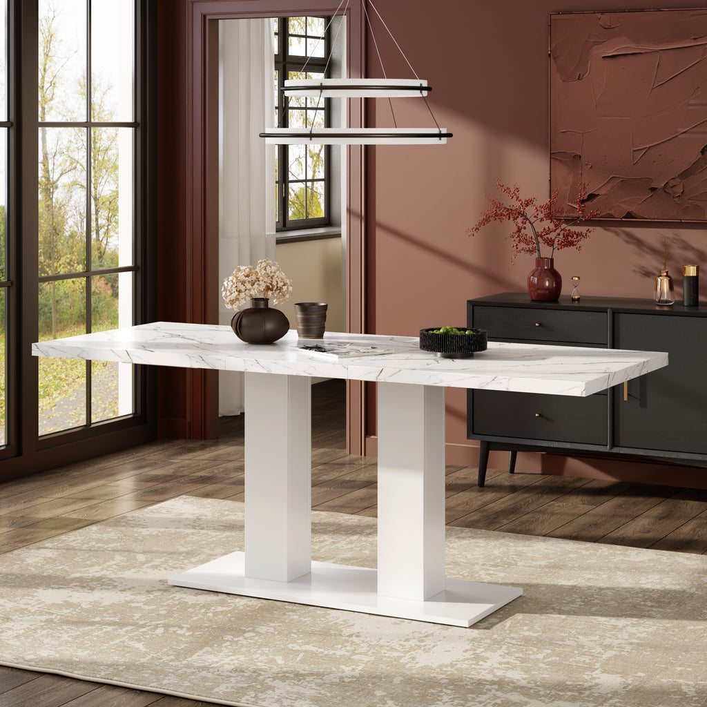 [variant:N859P472973W] White Marble-Look Dining Table – 71-Inch image 1