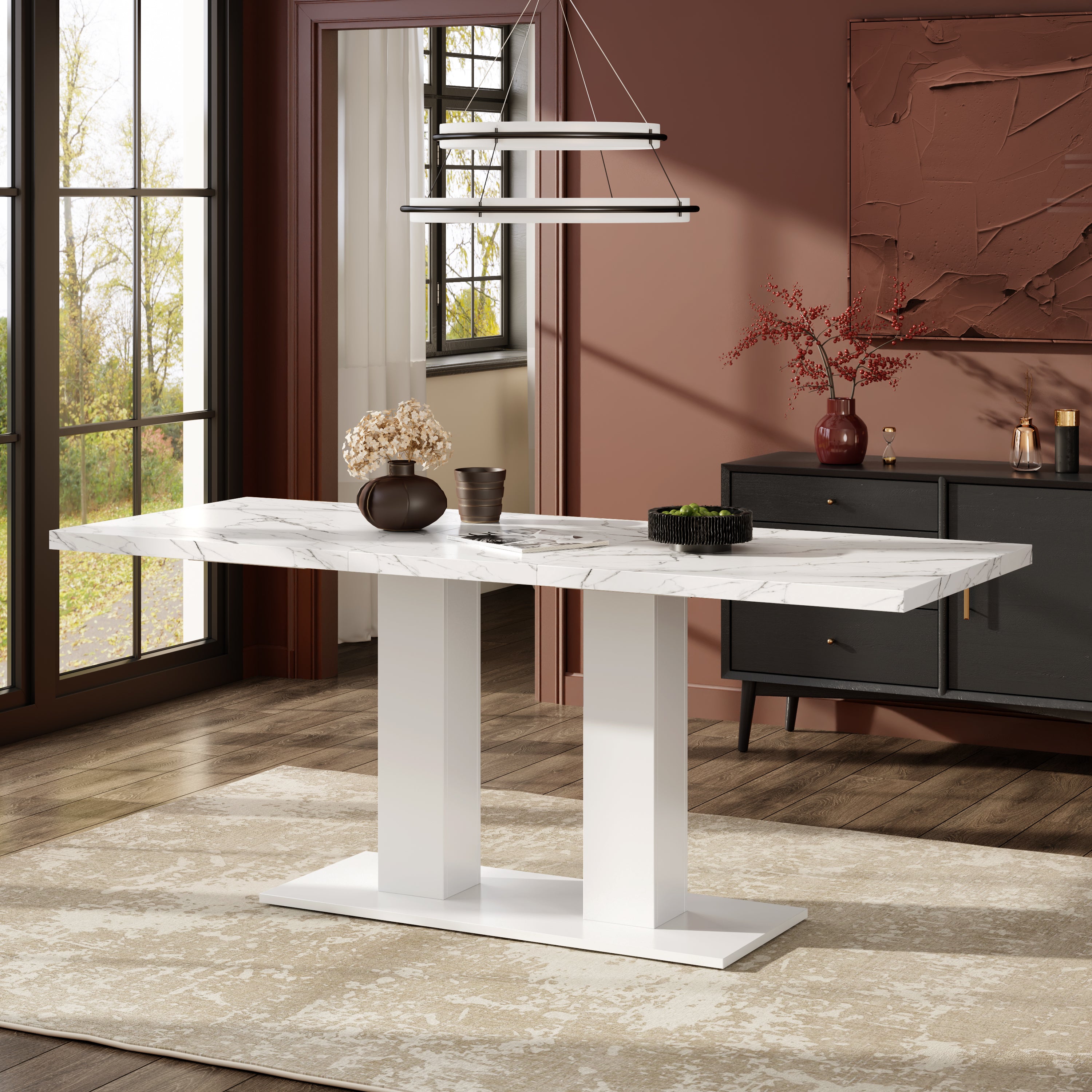 [variant:N859P472973W] White Marble-Look Dining Table – 71-Inch image 1