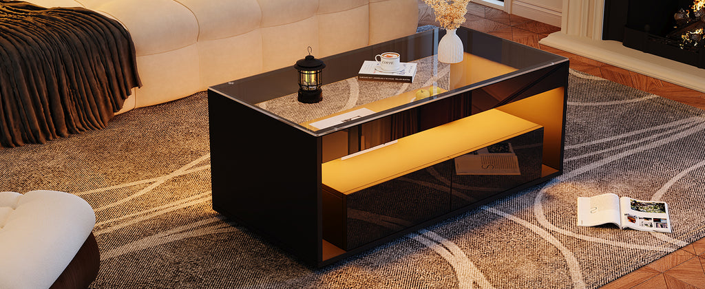 [variant:N892P428787B] High-Gloss LED Coffee Table with Glass Top and Drawers image 20