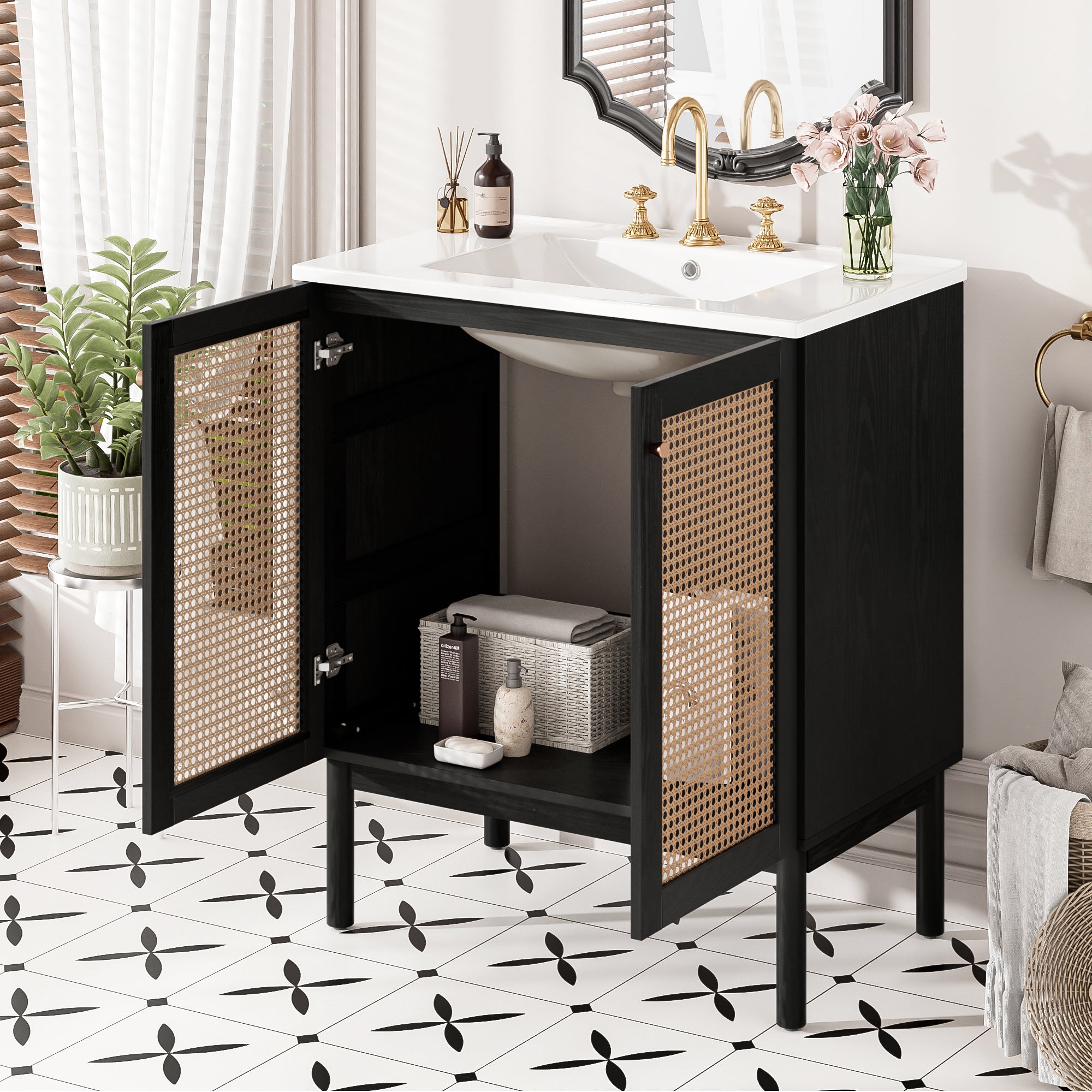 [variant:N729P285517B] Rattan-Door Bathroom Vanity with Sink – 30-Inch image 3