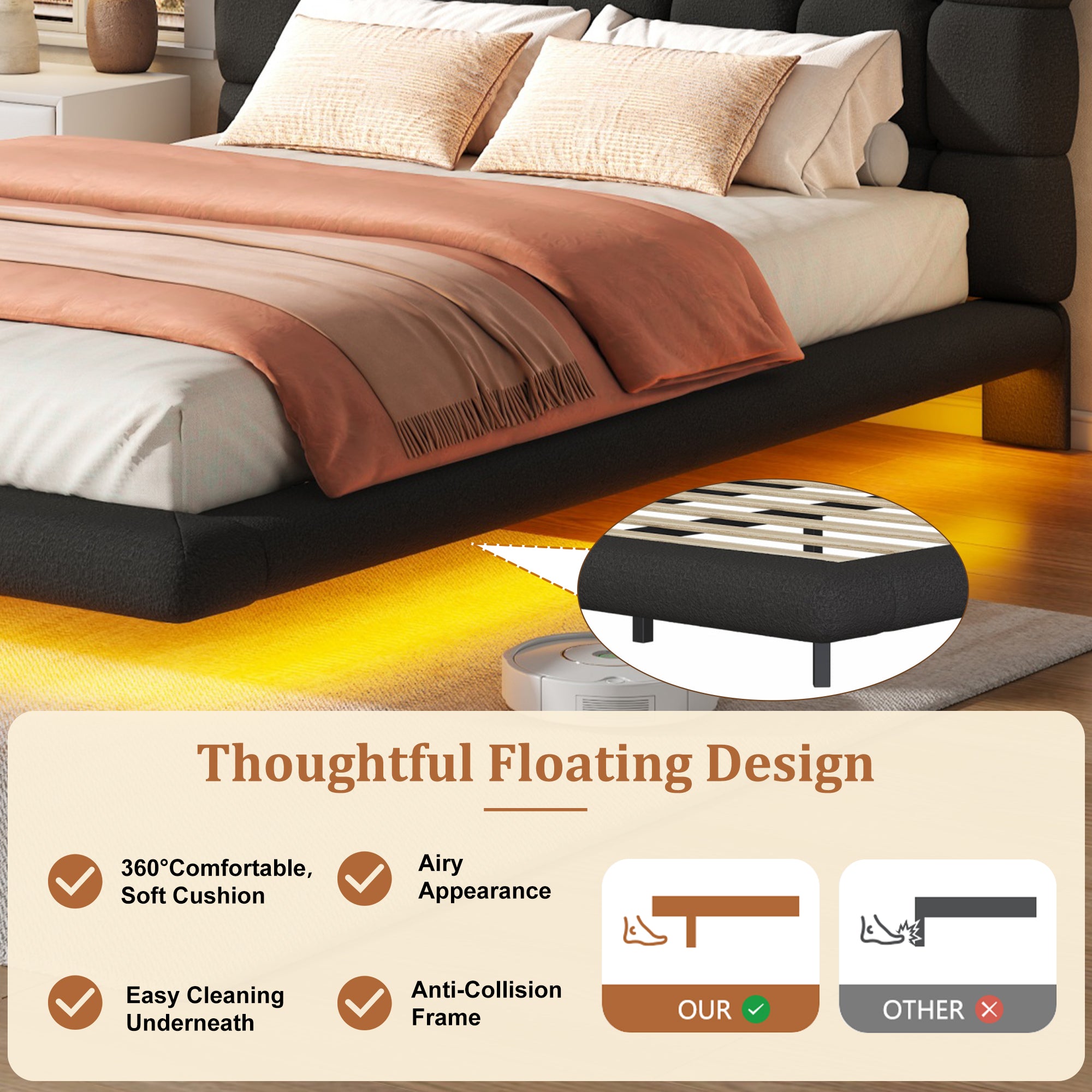 [variant:HS451577AAB] Queen LED Floating Bouclé Platform Bed – Black image 6