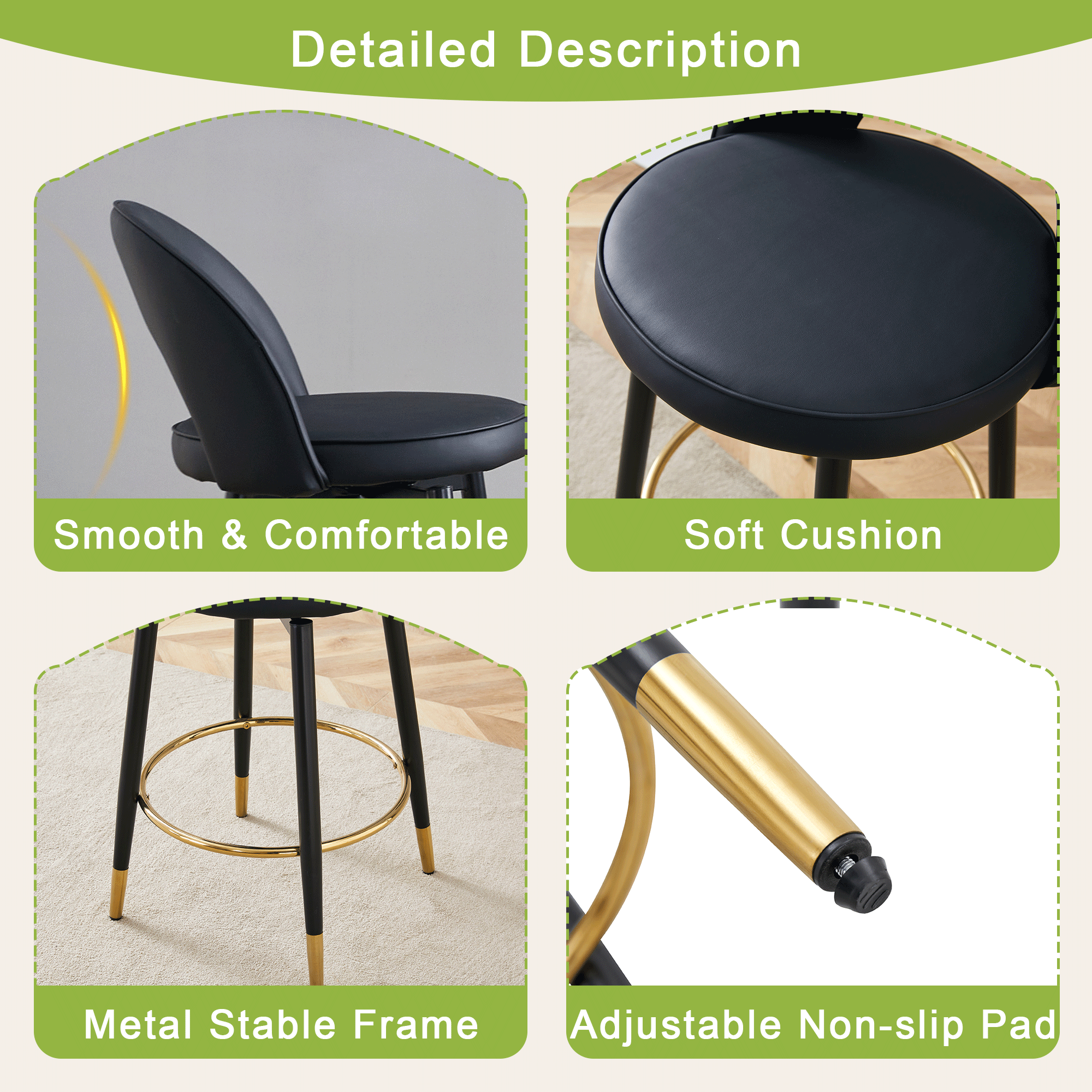 [variant:W3806P404776] 360° Swivel PU Leather Bar Stools – Set of 2 image 7