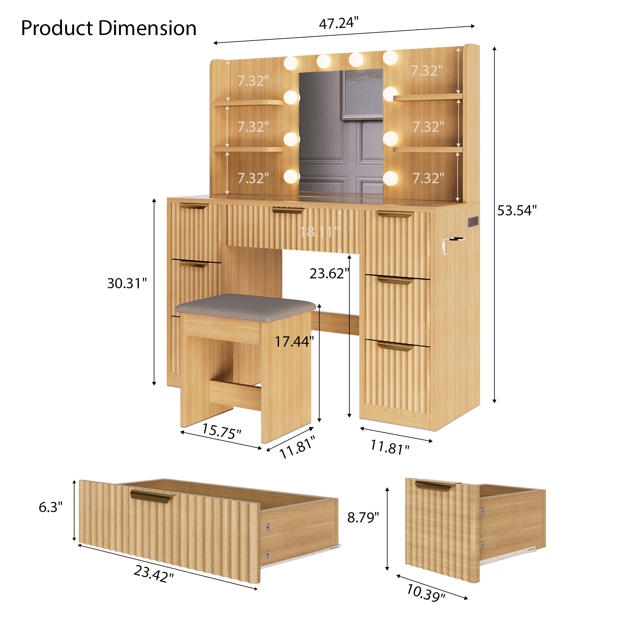 [variant:N881S436333N] Fluted 7-Drawer Vanity Desk with LED Mirror and Stool image 6