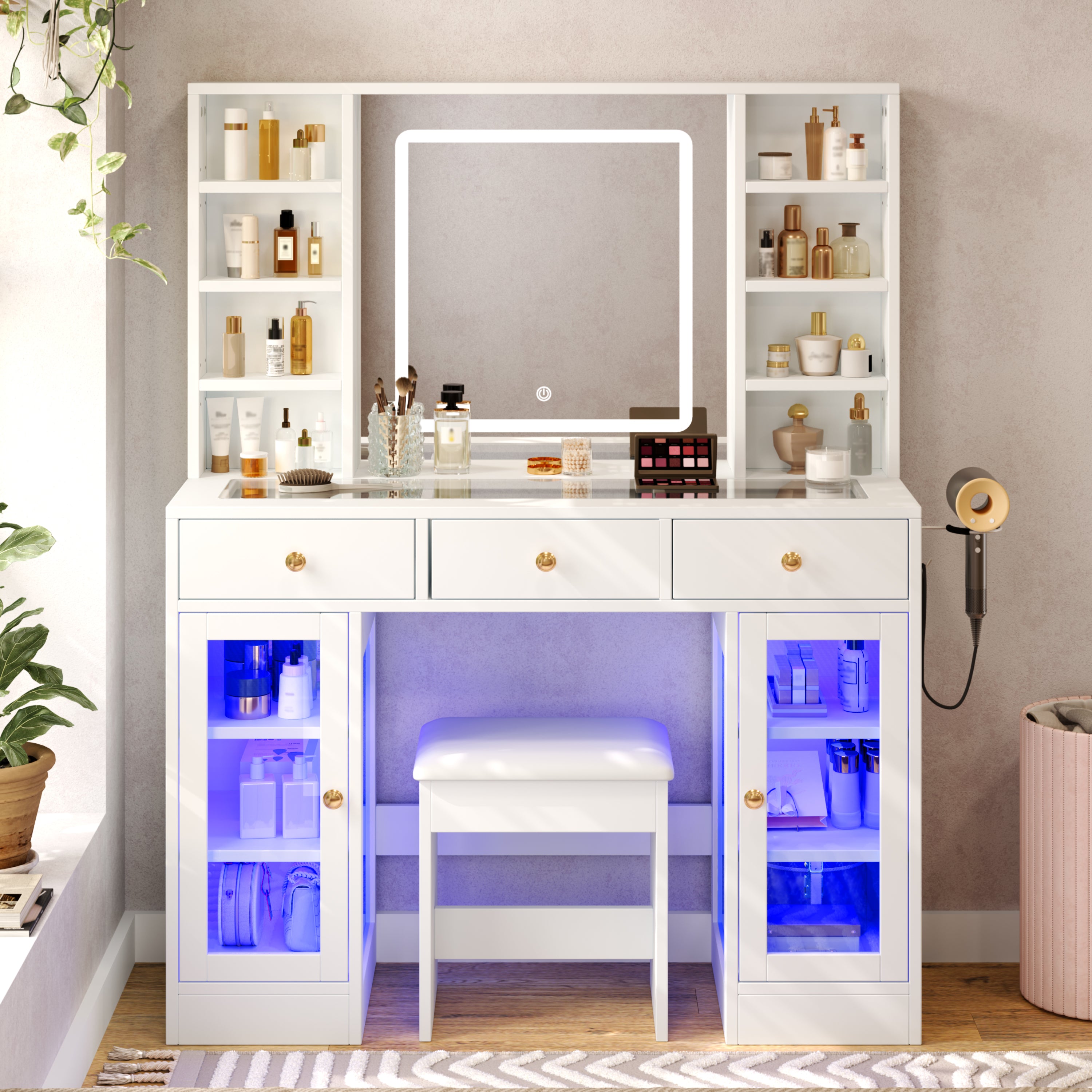 [variant:N881S436339W] Makeup Vanity with RGB Mirror and Power Outlet – 43-Inch image 2