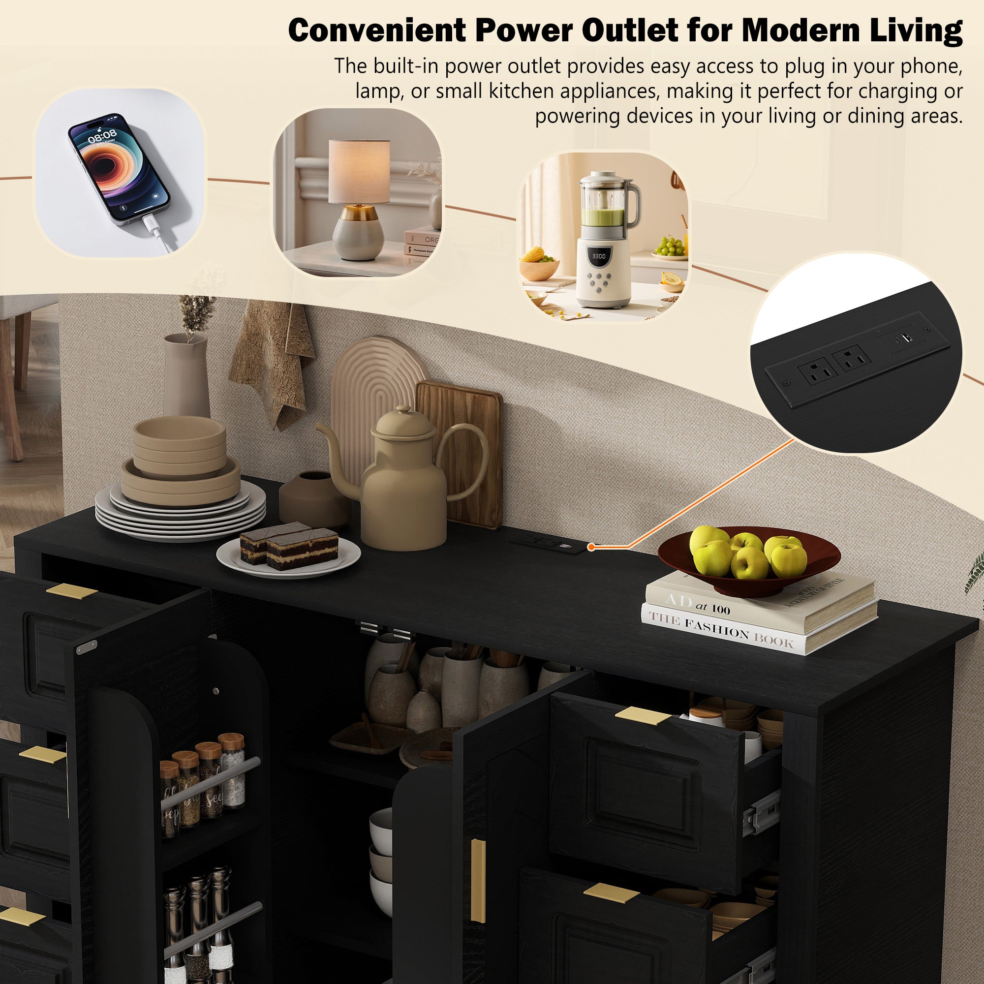 [variant:N889P443160B] Sideboard with 2 Doors, 6 Drawers & Power Outlet image 5