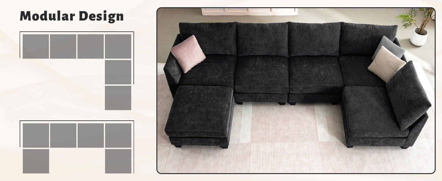 [variant:W3885S00029] 6-Seater U-Shaped Modular Sofa with Storage Ottoman & USB Ports image 2