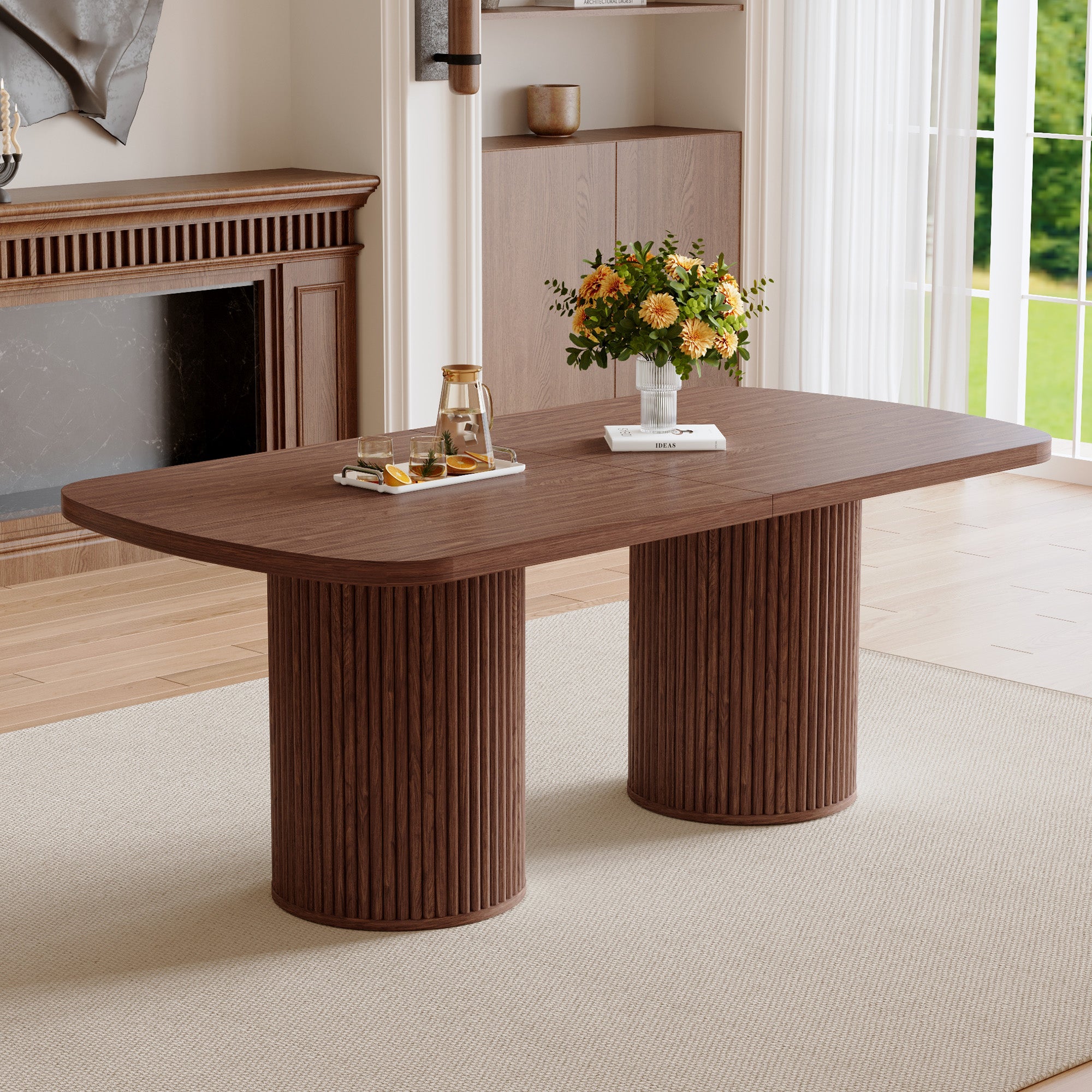 [variant:W3806S00019] Walnut Roman-Column Dining Table – 78.7-Inch image 1