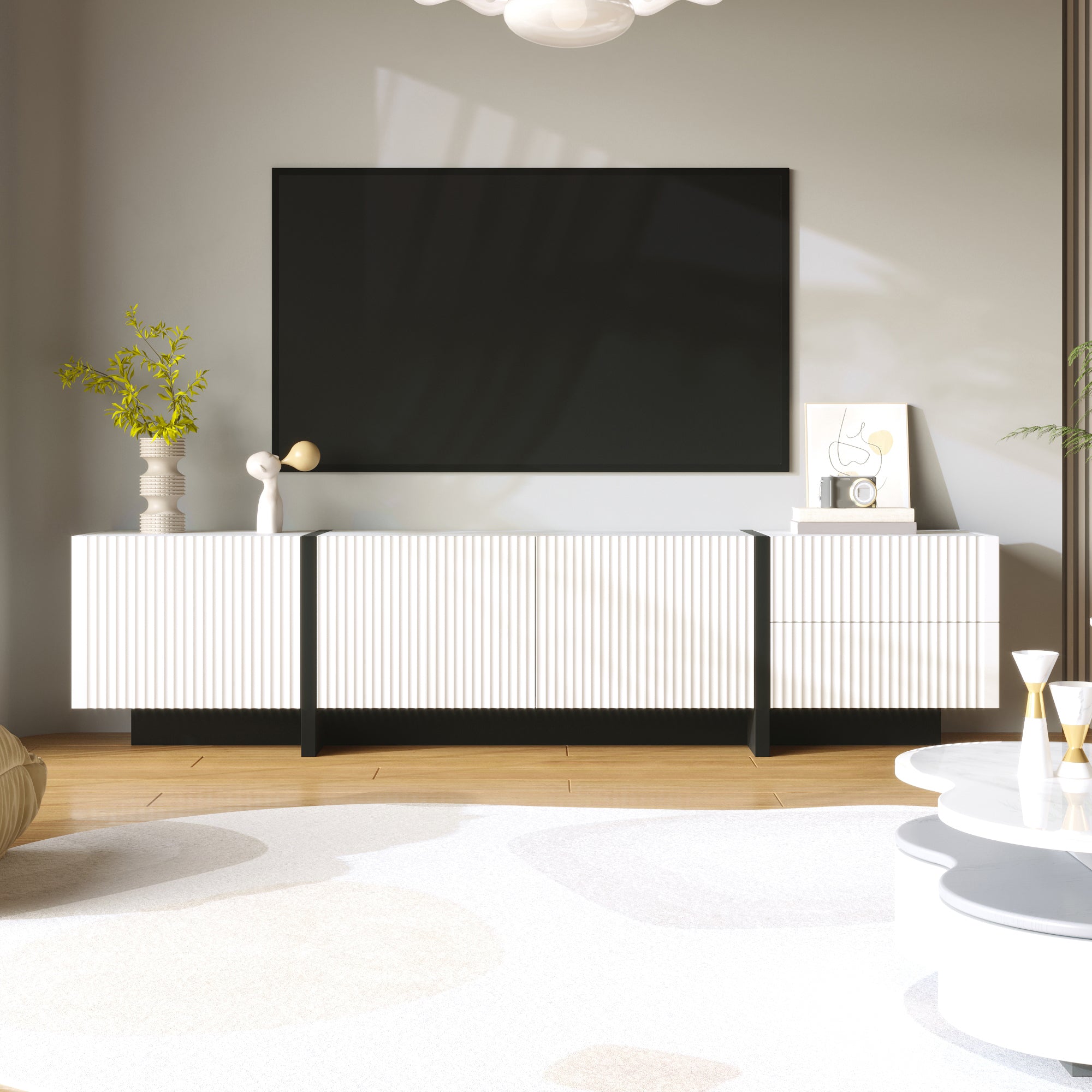 [variant:GA0014S] Modern TV Stand with 3 Doors and 2 Drawers – Black and White image 5