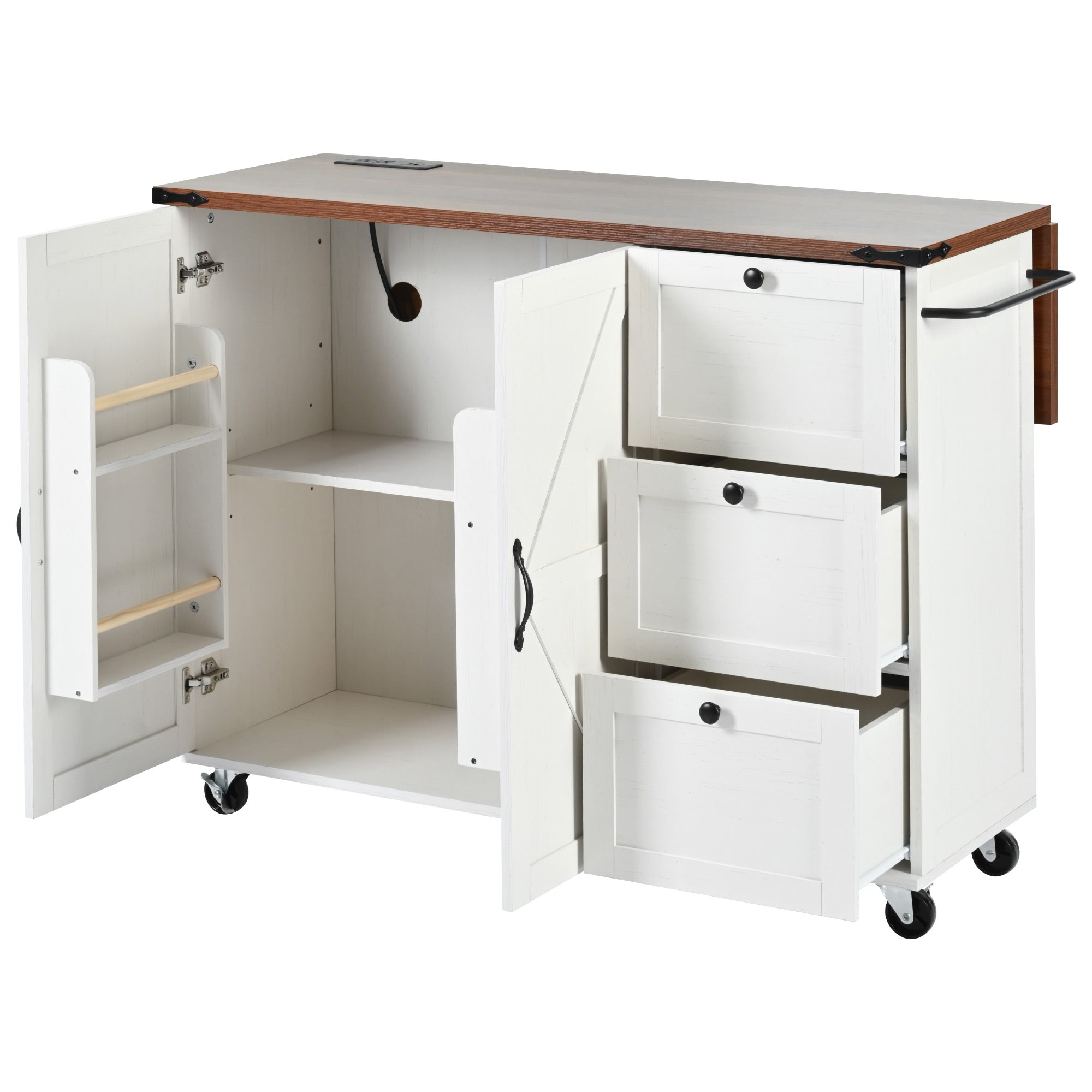 [variant:N853P379579W] Farmhouse Rolling Kitchen Island with Drop Leaf – White, 54.5-Inch image 11
