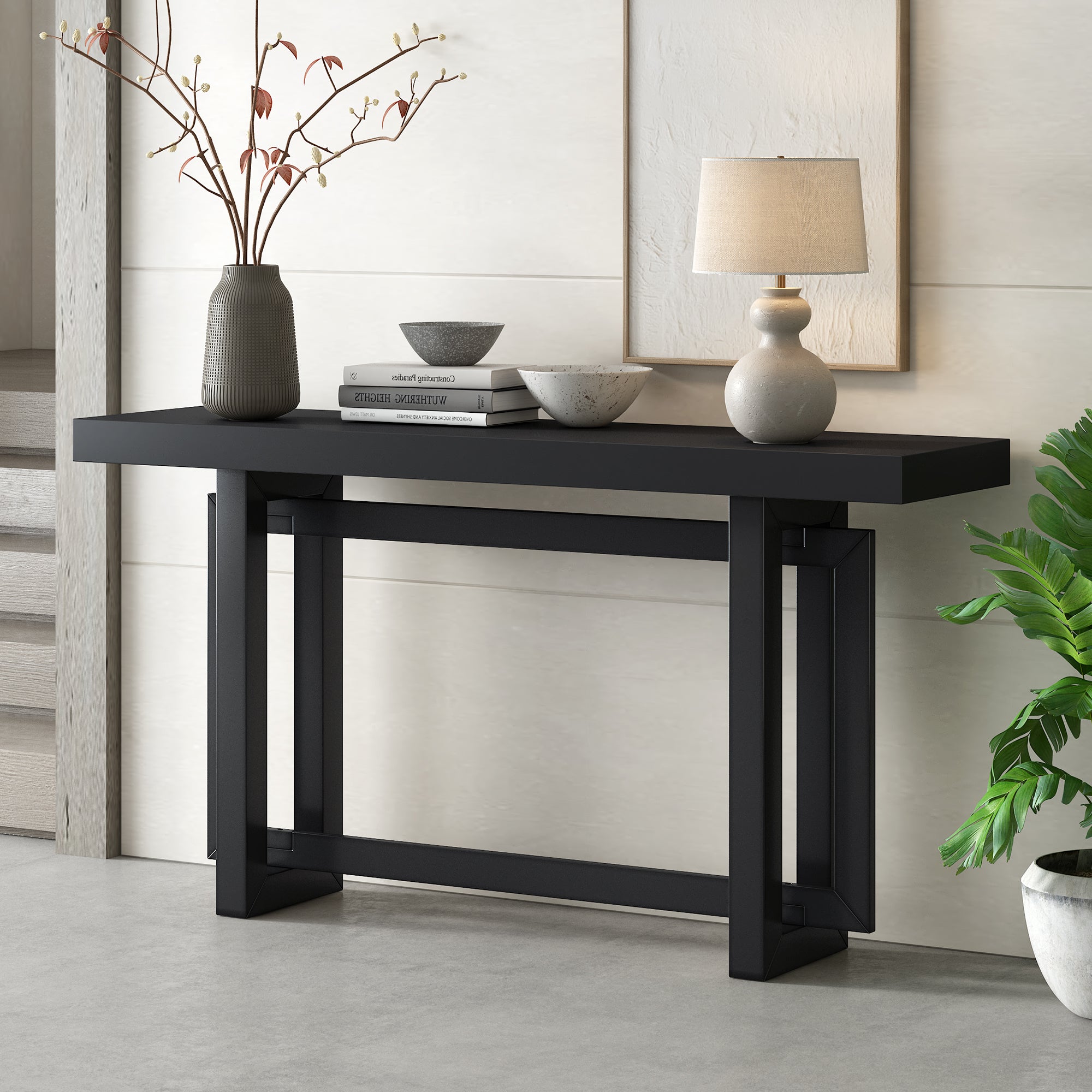 [variant:N889P367136B] Console Table with Triple-Rectangle Pine Base – 59-Inch – Black image 1