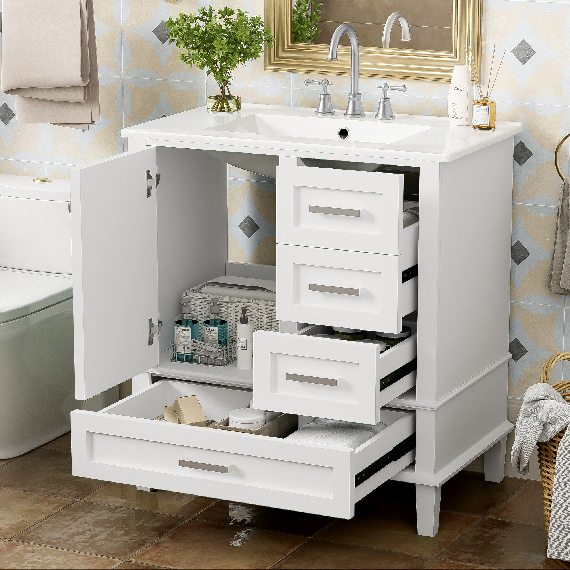[variant:N848P255604K] Bathroom Vanity with Ceramic Sink – 30-Inch – White image 1