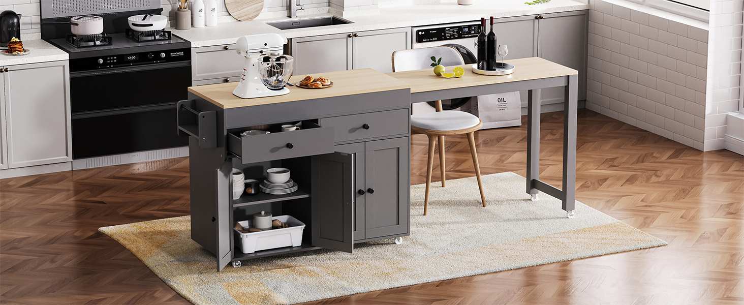 [variant:N853P386264G] Extendable Rolling Kitchen Island with Dining Table – Gray, 74.5-Inch image 2