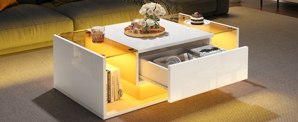 [variant:N892P423295W] High-Gloss LED Coffee Table with Drawer and Glass Top image 16