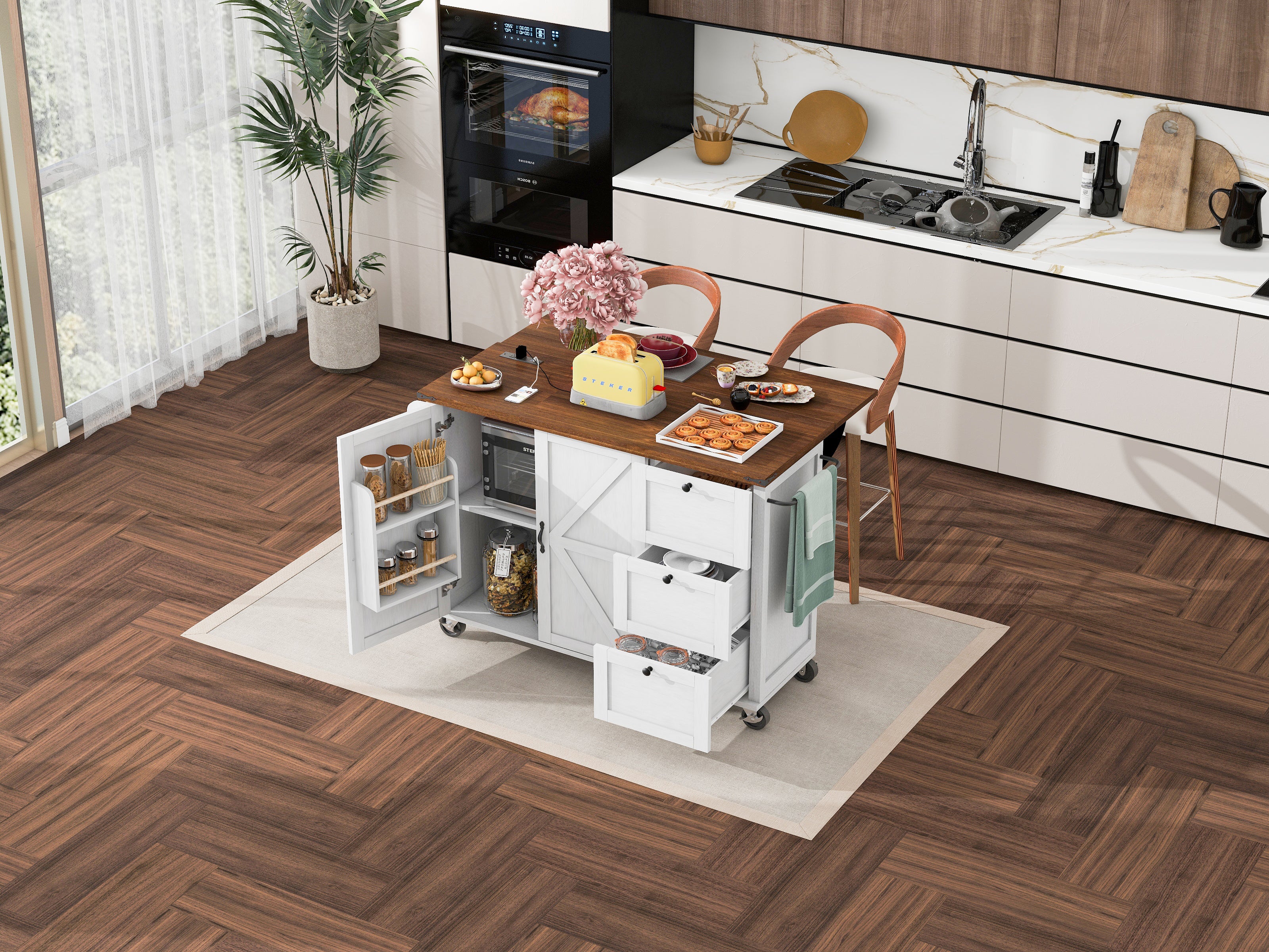 [variant:N853P379579W] Farmhouse Rolling Kitchen Island with Drop Leaf – White, 54.5-Inch image 16