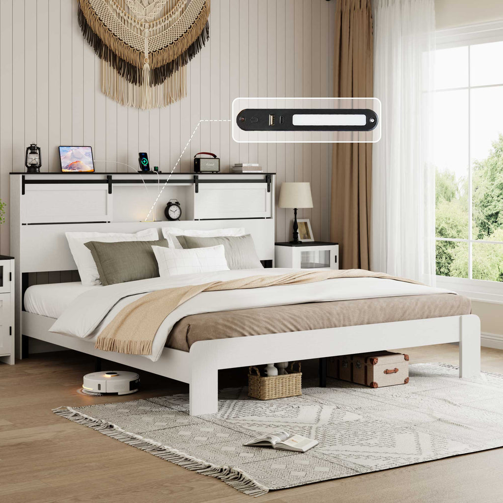 [variant:W5658P486955] Queen Farmhouse Platform Bed with Bookcase Headboard & Charging Station image 1