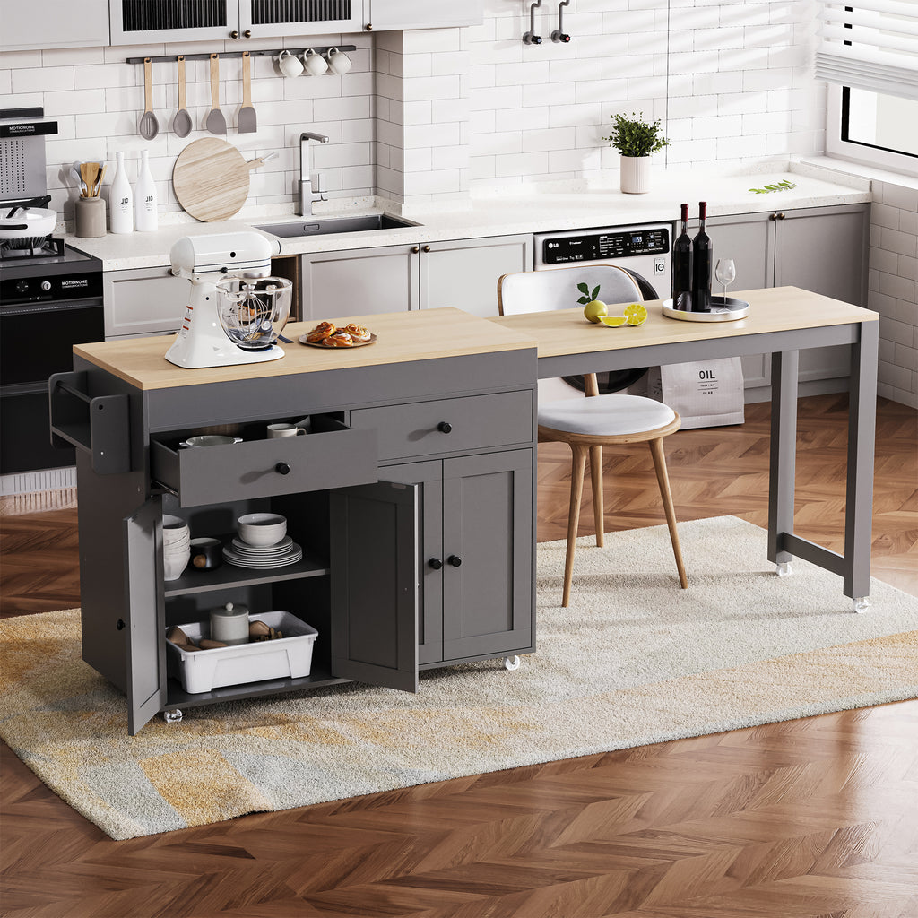 [variant:N853P386264G] Extendable Rolling Kitchen Island with Dining Table – Gray, 74.5-Inch image 18