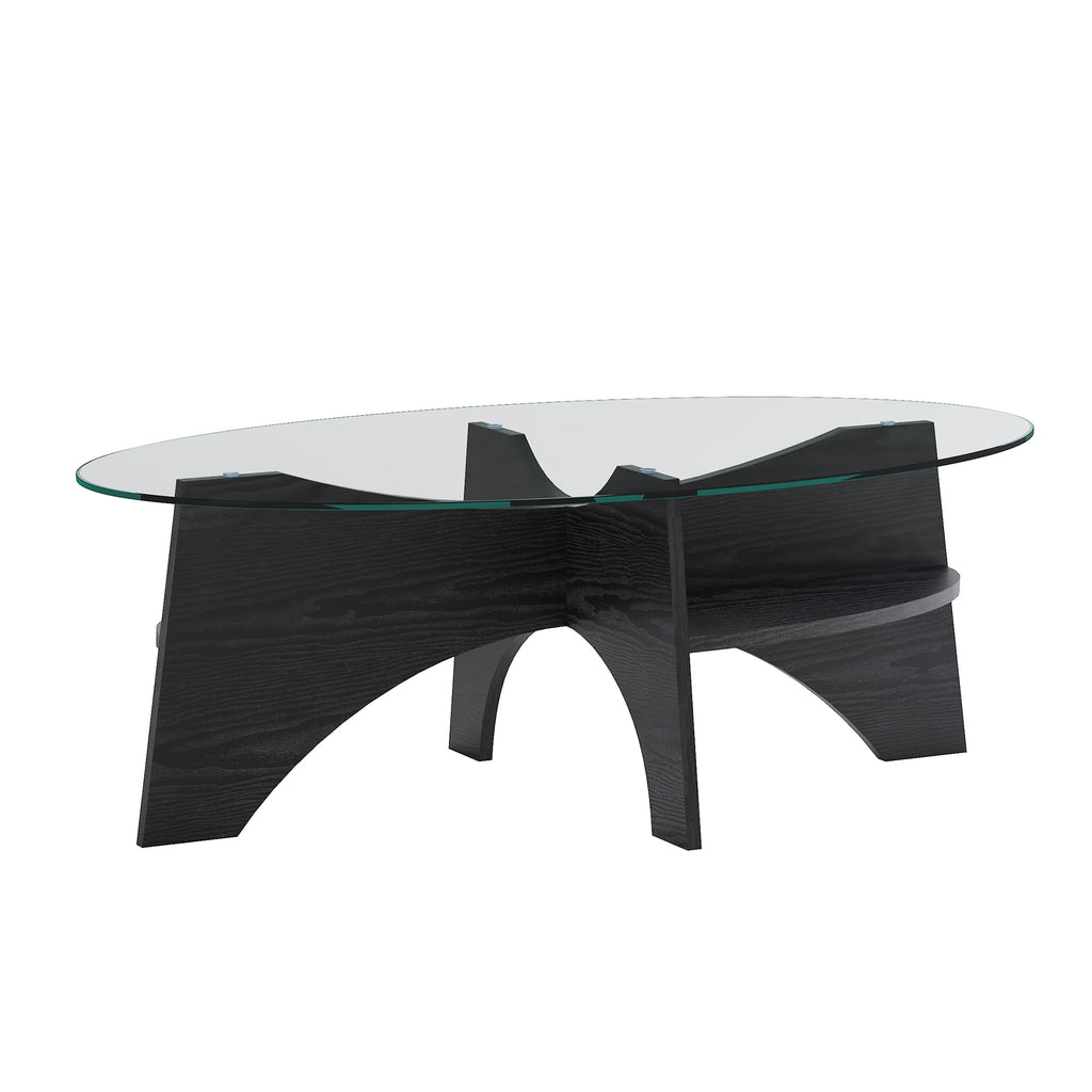 [variant:W3806P404727] Oval Glass Coffee Table with Black Fan-Shaped Base image 9