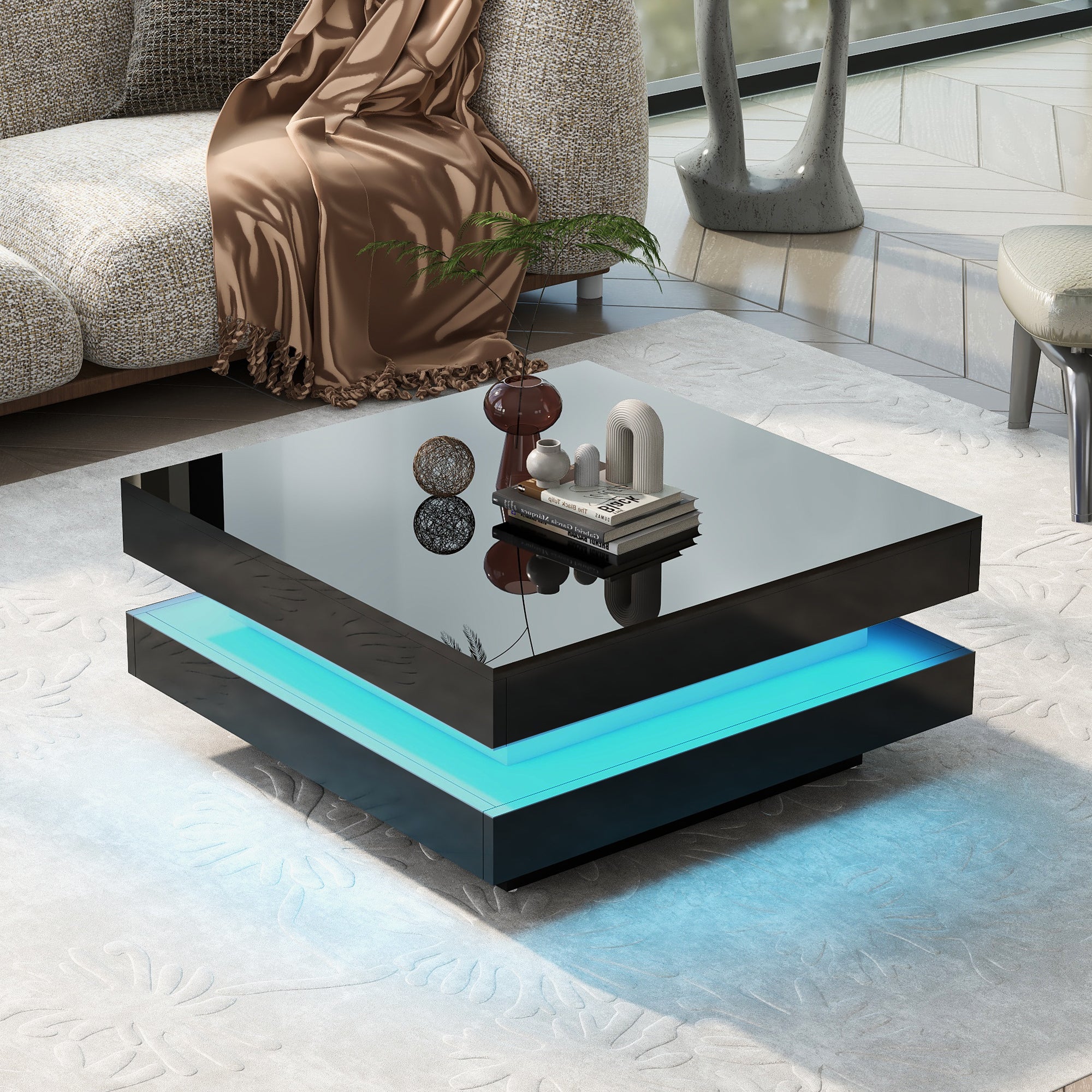 [variant:N892P423297B] Square High-Gloss LED Coffee Table with Rotating Top image 2