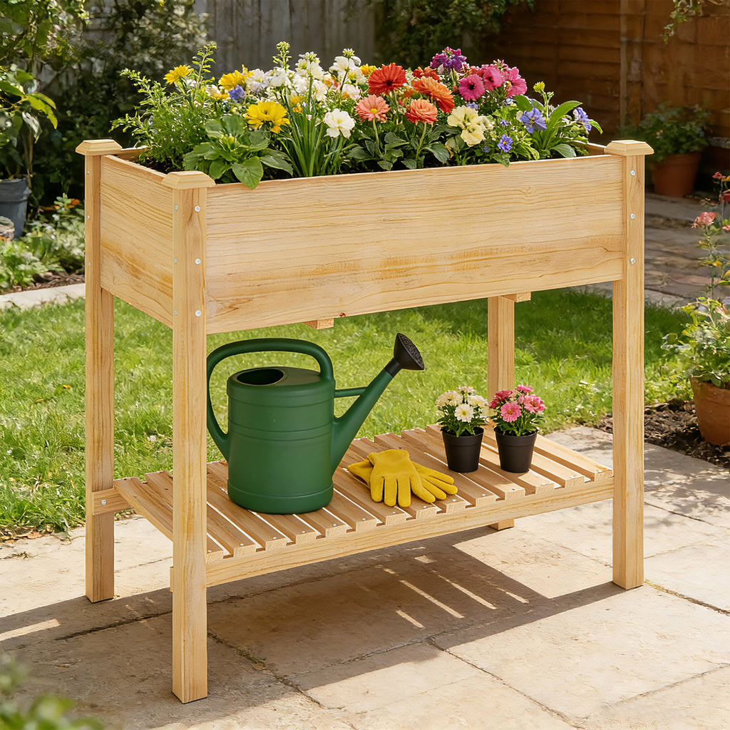 [variant:W3686P439295] Two-Tier Wooden Raised Garden Bed with Shelves image 2